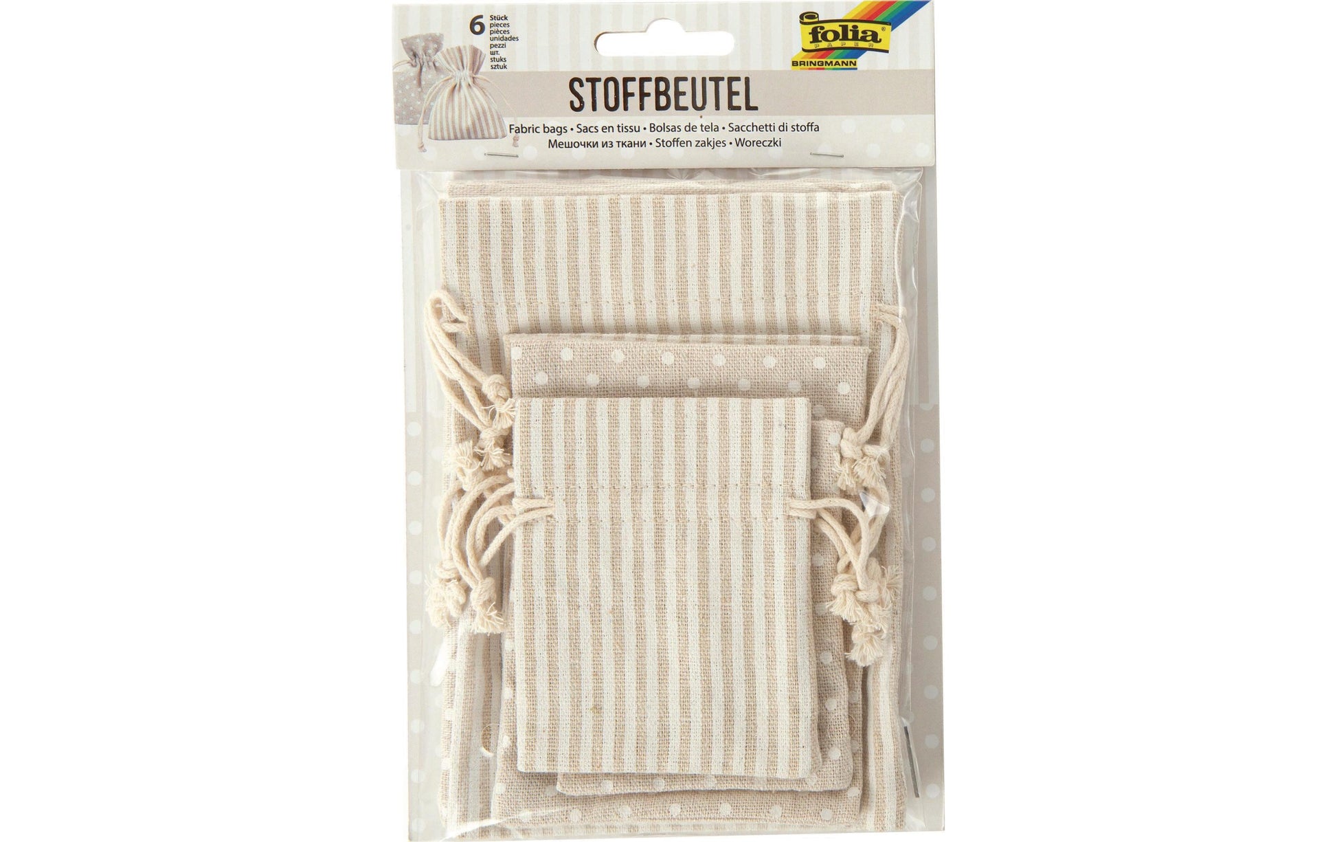 Folia Geschenkbeutel – Punkte und Streifen, Beige – Baumwolle – 6 Stk.