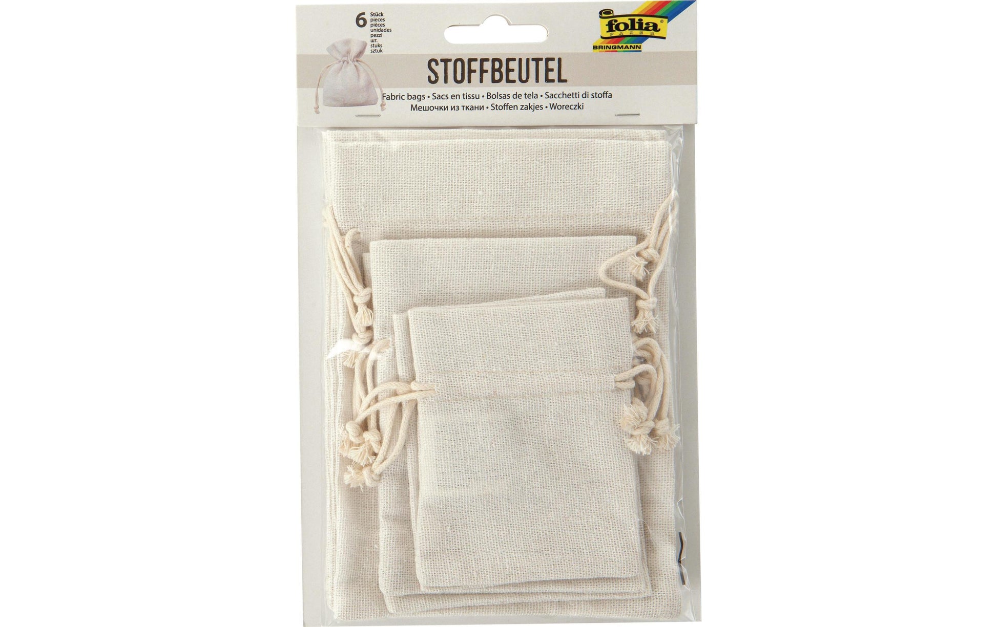 Folia Geschenkbeutel – Baumwolle, gerippt – 3 Grössen, je 2 Stück: 100 × 80 mm, 130 × 100 mm, 180 × 130 mm