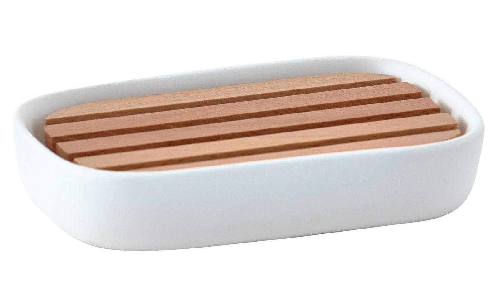 Aquanova Seifenschale Oscar – Keramik/Holz (Buche), 13×9×2,5 cm, Weiss, Oval