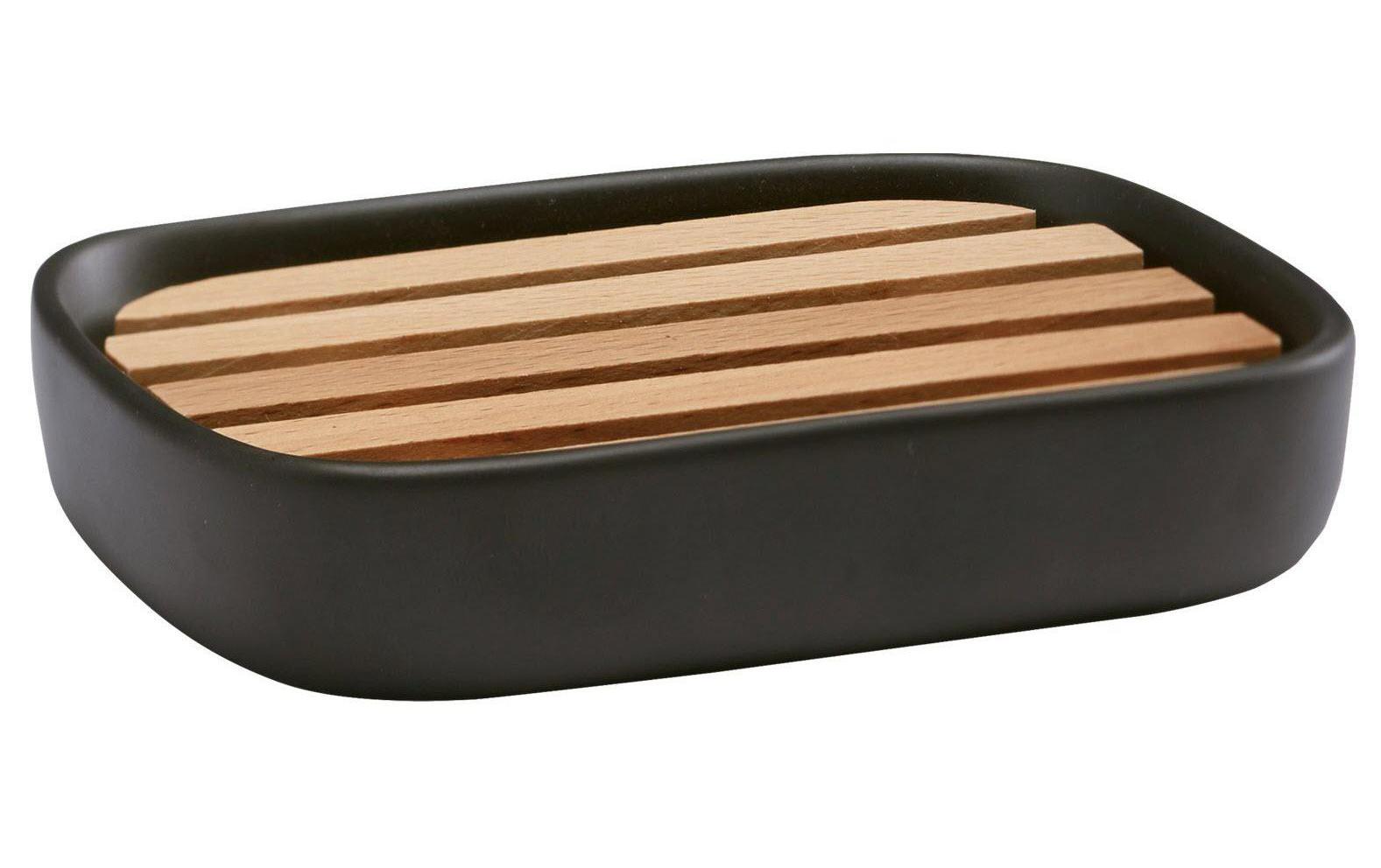 Aquanova Seifenschale Oscar – Buchenholz/Keramik, 13×9×2,5 cm, Schwarz/Holz