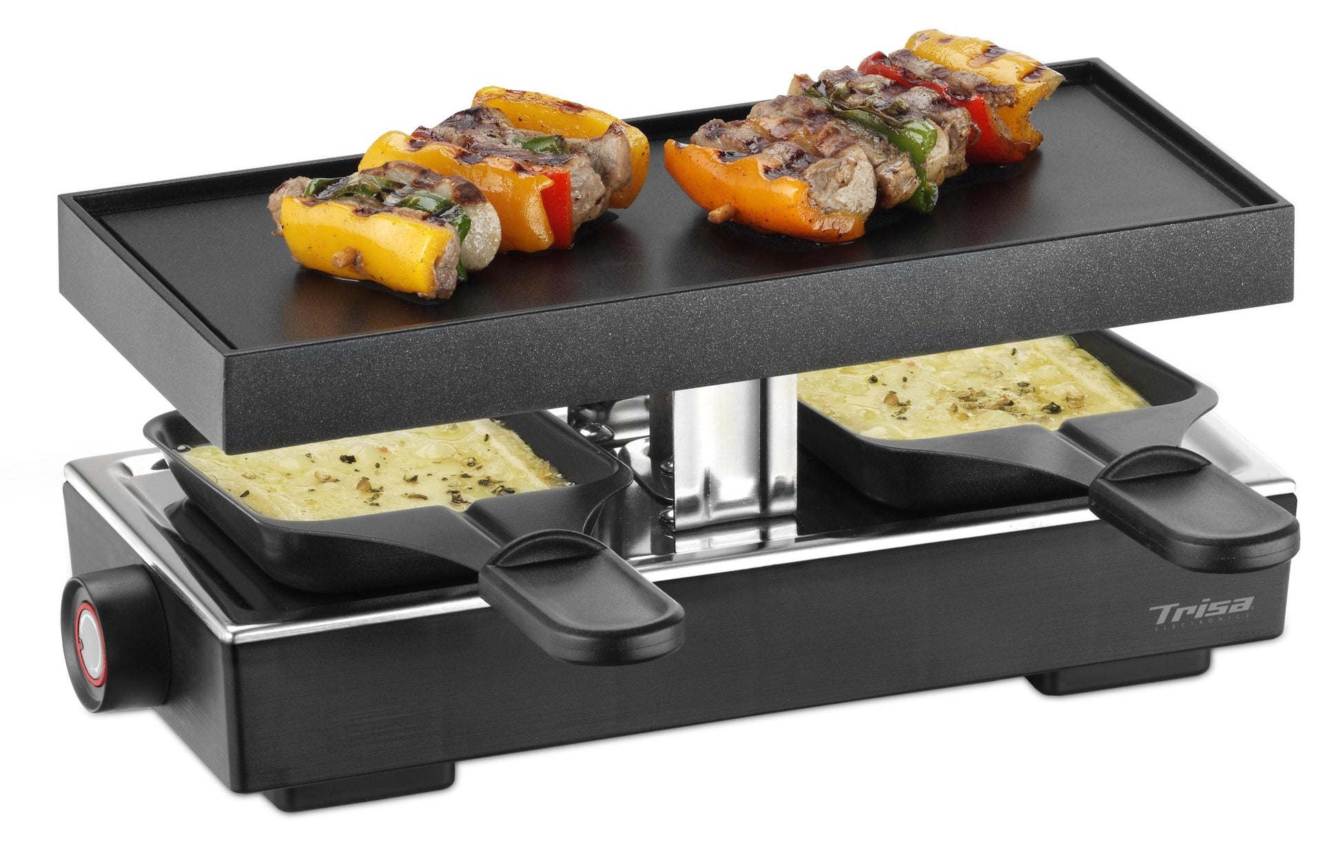Trisa Raclette Style 2 – 2 Personen, Aluguss & Antihaftbeschichtet, 440 W, 2 Pfännchen – Schwarz/Edelstahl