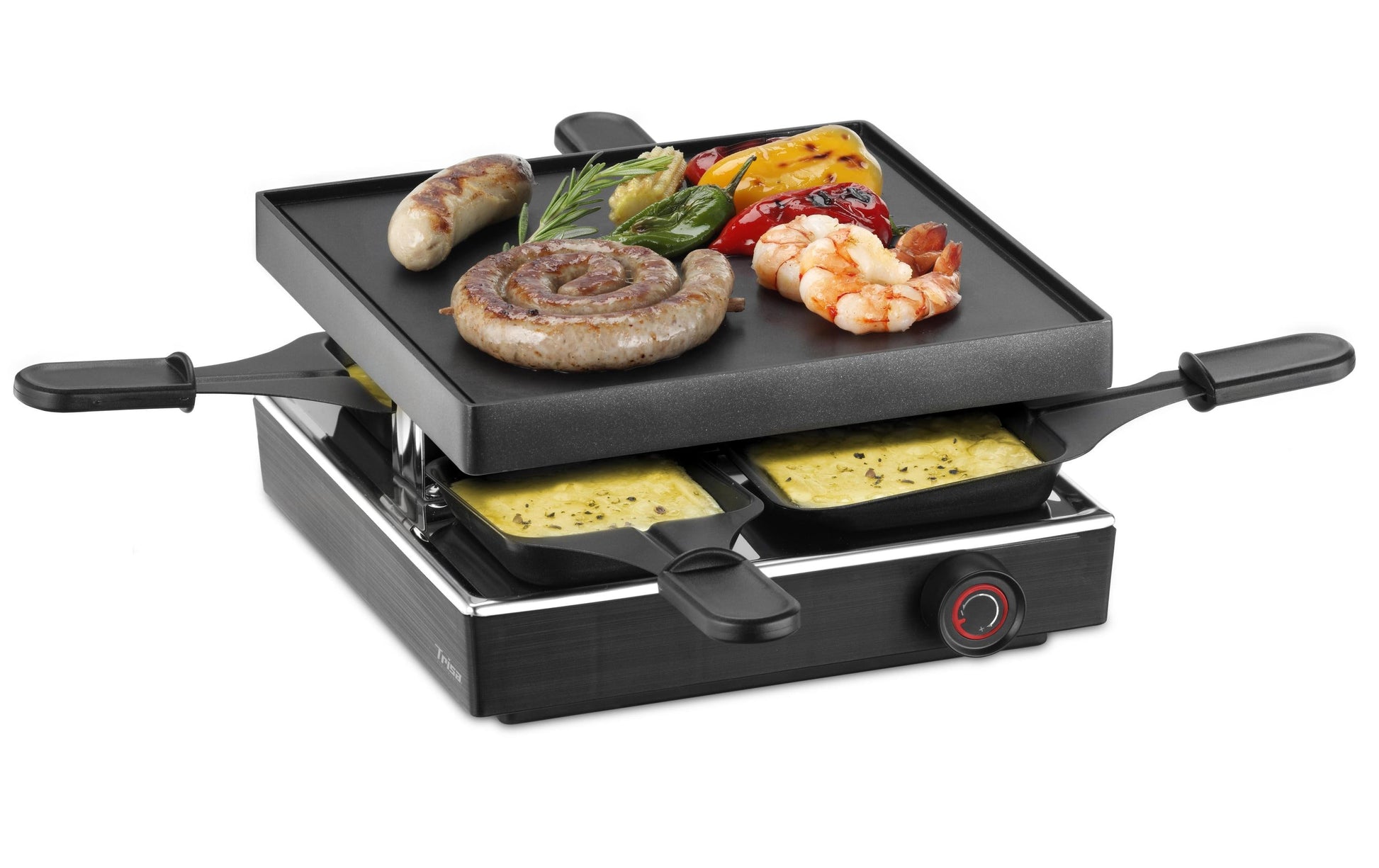 Trisa Raclette-Grill – 4 Personen, 750 W, Aluminiumplatte 21×21 cm, 4 Pfännchen – schwarz/edelstahl