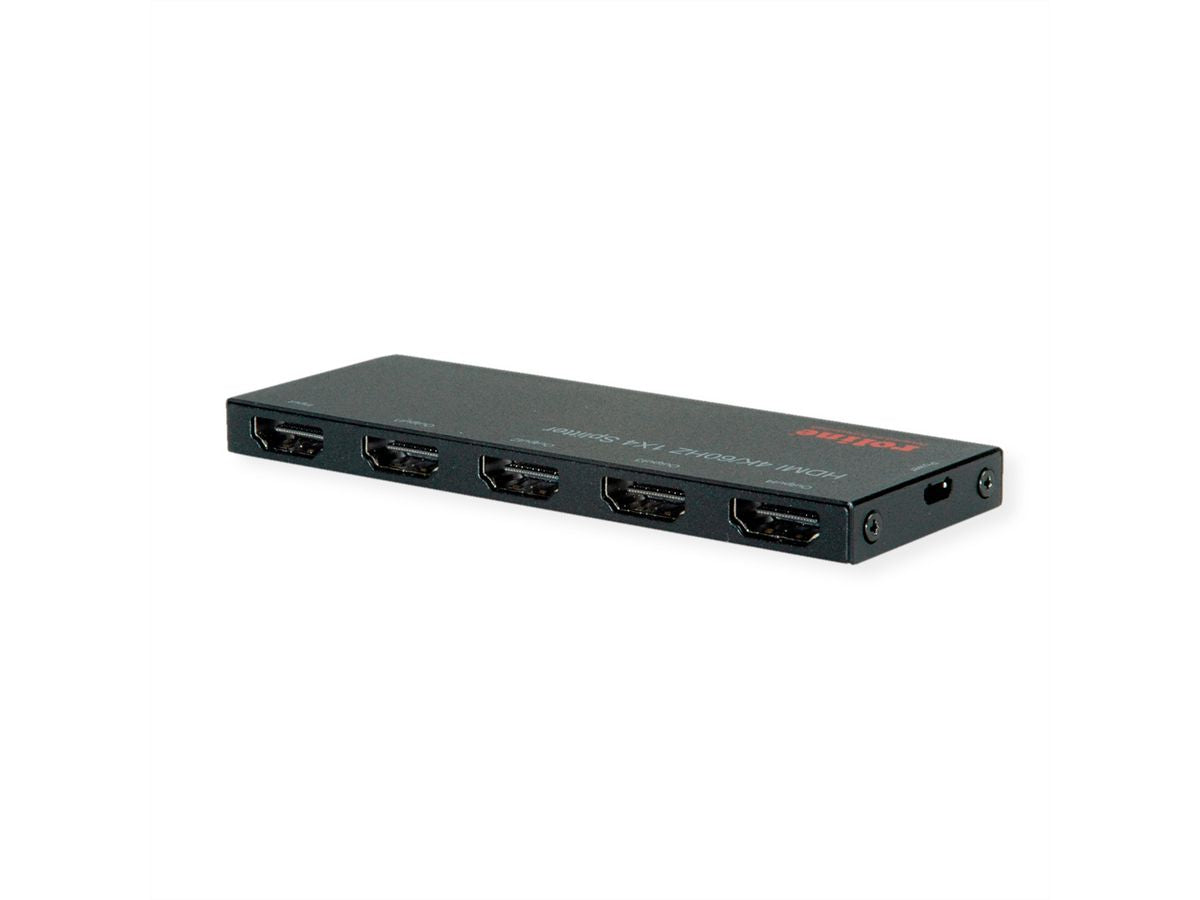 ROLINE HDMI Video-Splitter, 1× HDMI In / 4× HDMI Out, 4K@60 Hz, HDCP 2.2/1.4, USB-Stromversorgung, Schwarz