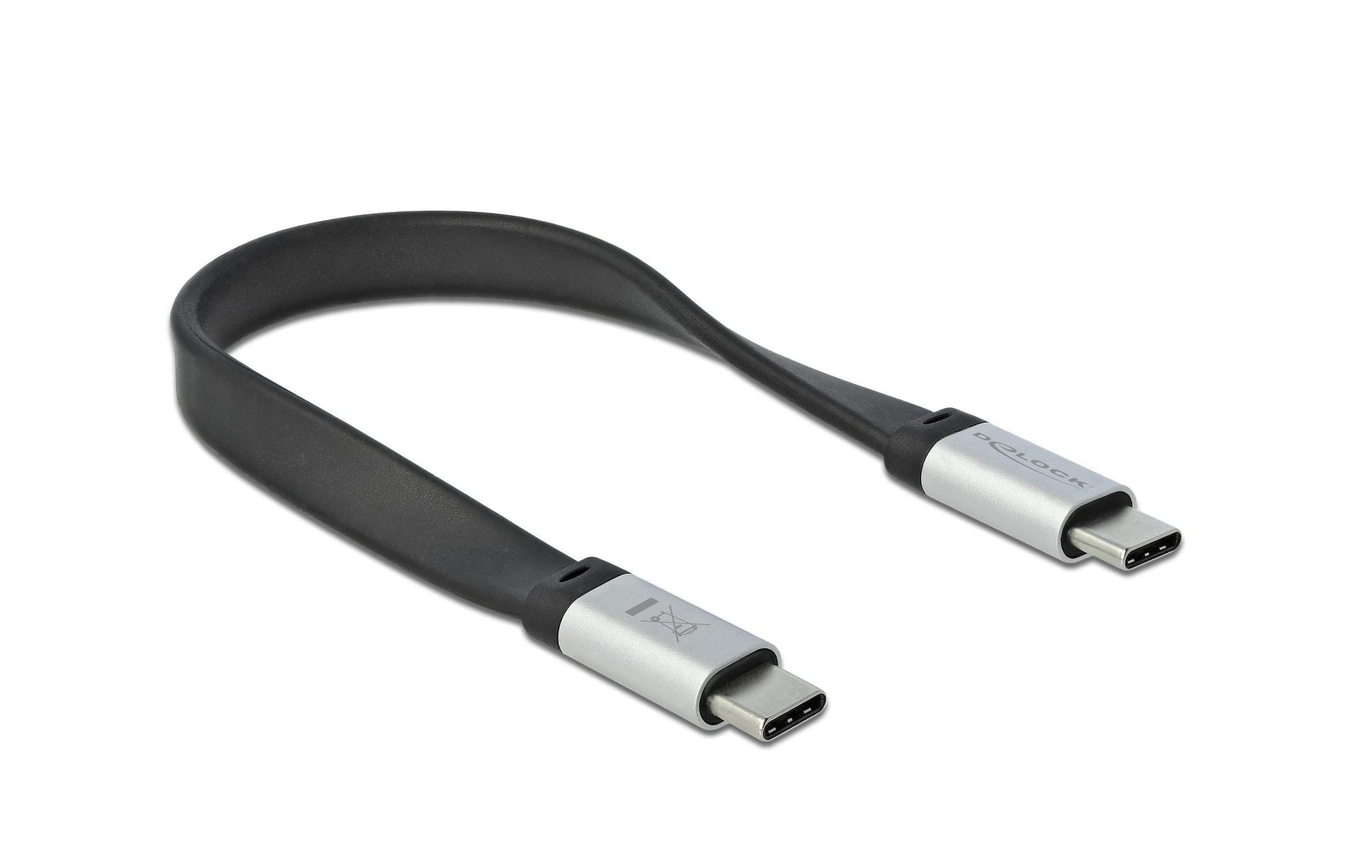 DeLOCK USB-C auf USB-C Kabel – USB 3.2 Gen 2 (10 Gbit/s) – 0,22 m – Flachband – Schwarz/Silber
