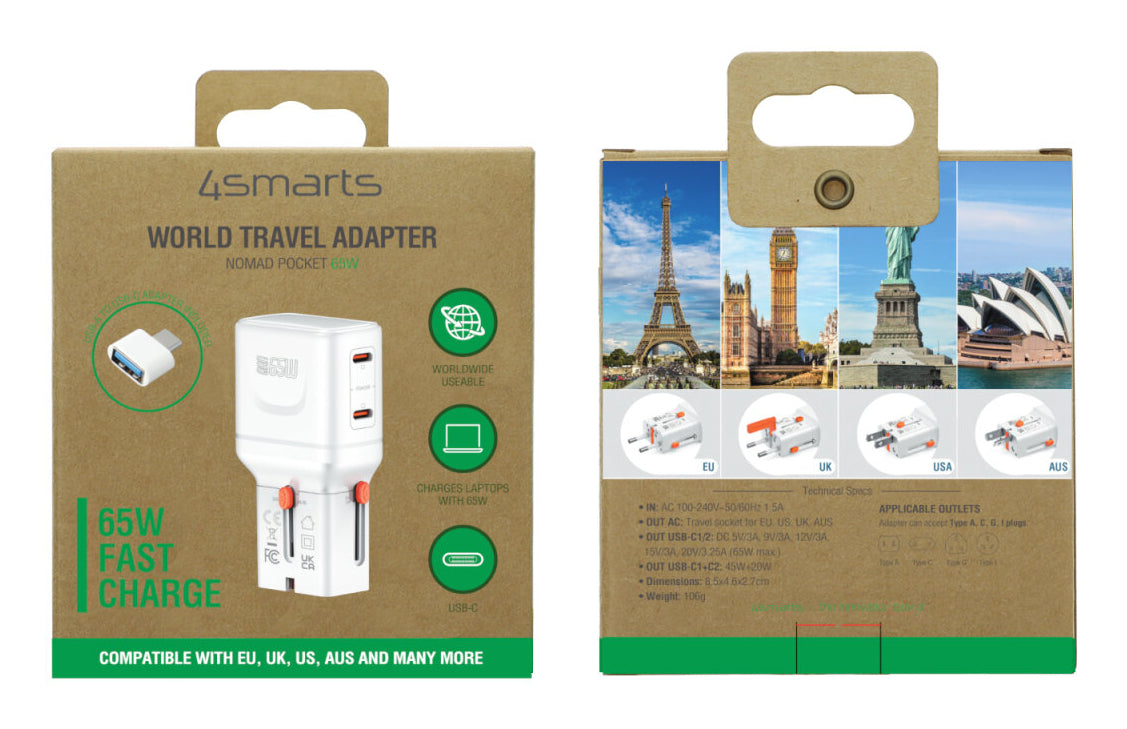 4smarts Nomad Pocket Netzteil (Universal) – 65 W, 2× USB-C, PD, PPS, QC, GaN – für Laptop, Smartphone, Tablet