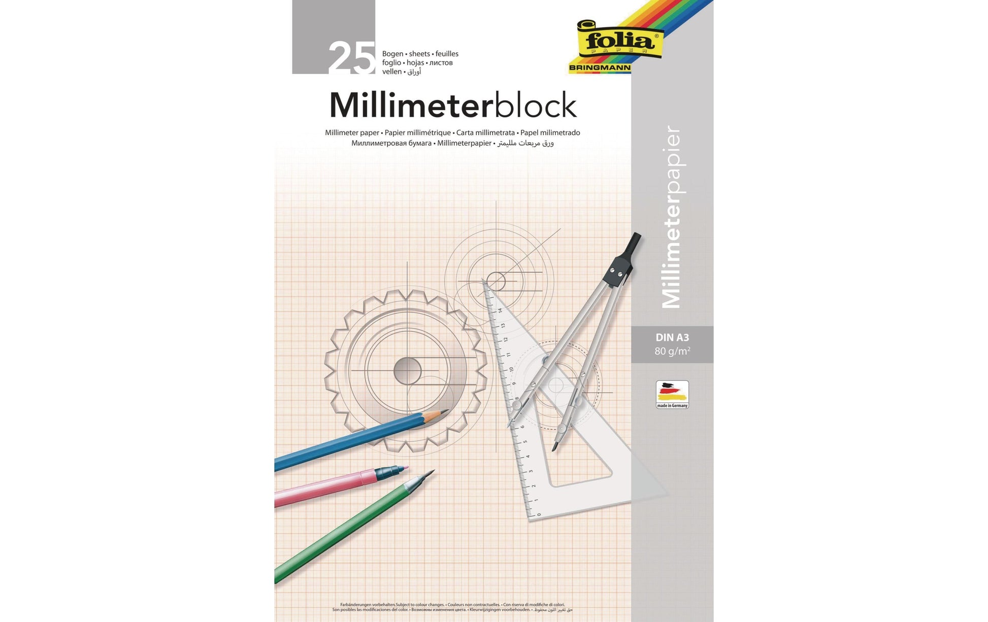 Folia Millimeterpapier-Block A3 – Rotes Netz, einseitig, 80 g/m², 25 Blatt