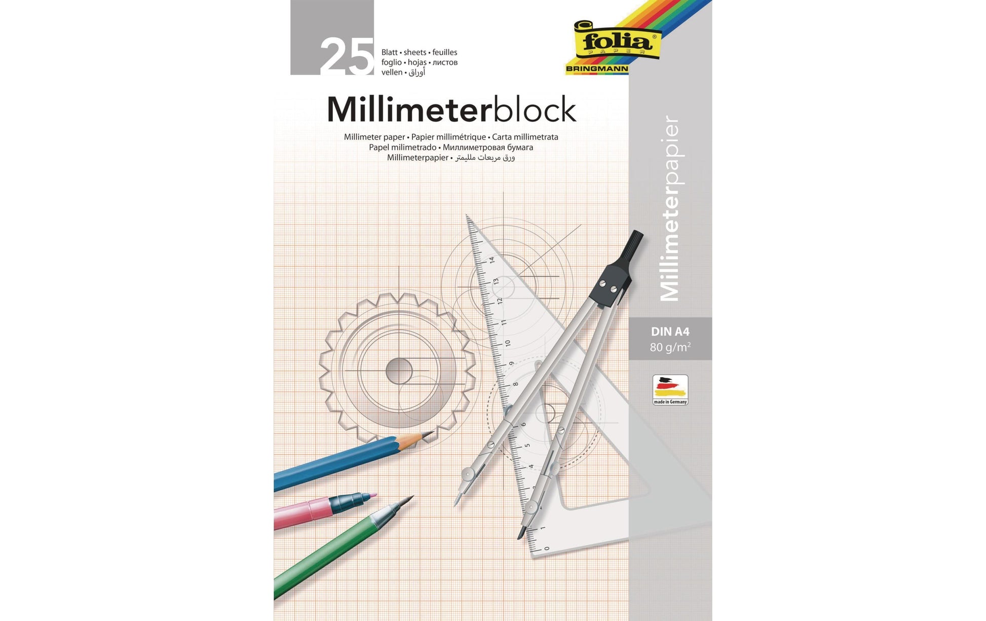 Folia Millimeterpapier-Block A4 – Rotes Netz, einseitig, 80 g/m², 25 Blatt