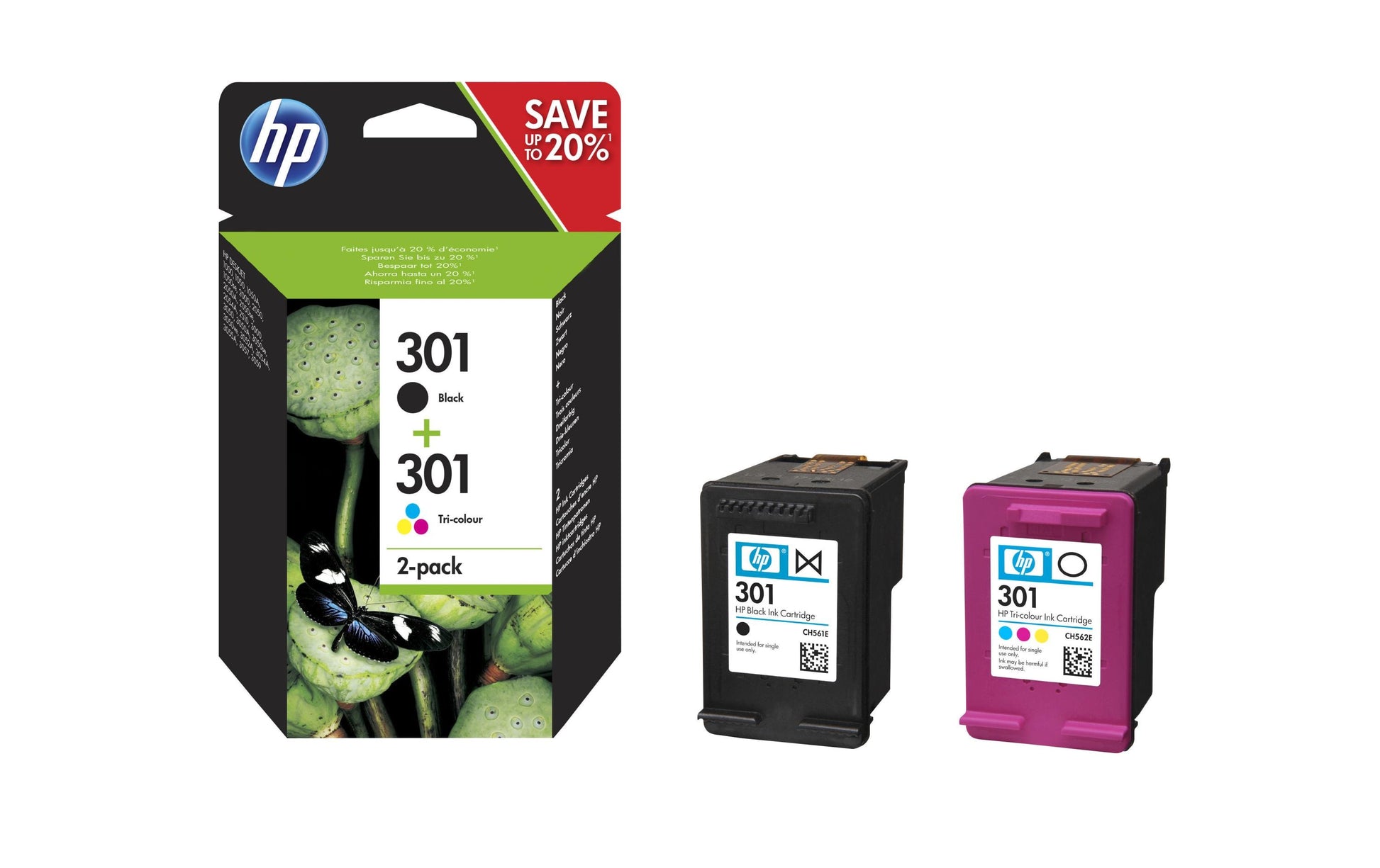 HP Tintenpatronen-Multipack 301, Schwarz + Farbe, 2er-Pack – für Inkjetdrucker