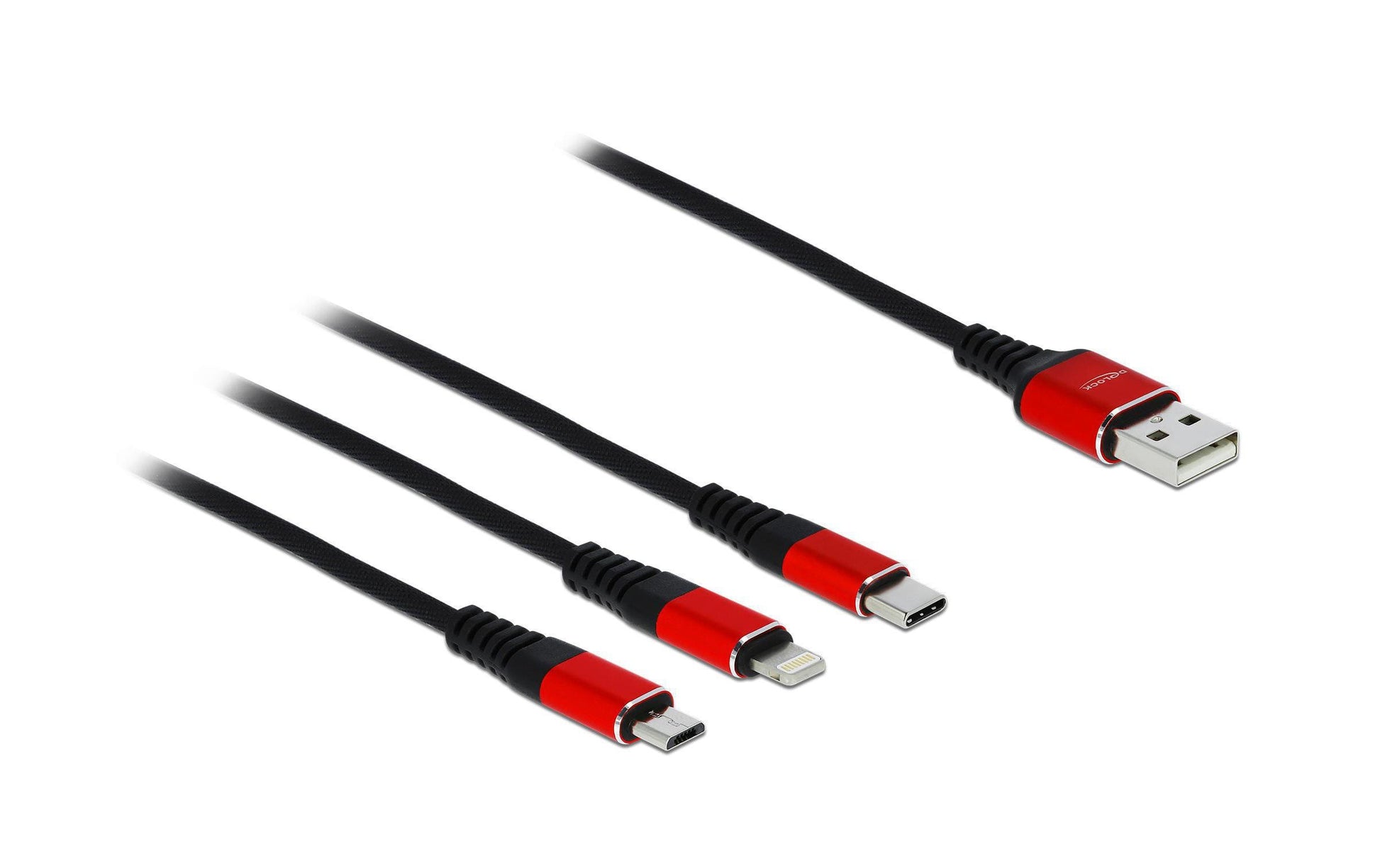 DeLOCK USB-A auf Lightning/Micro-USB-B/USB-C Kabel – USB 2.0 (480 Mbit/s) – 1 m – Textilmantel – Schwarz/Rot