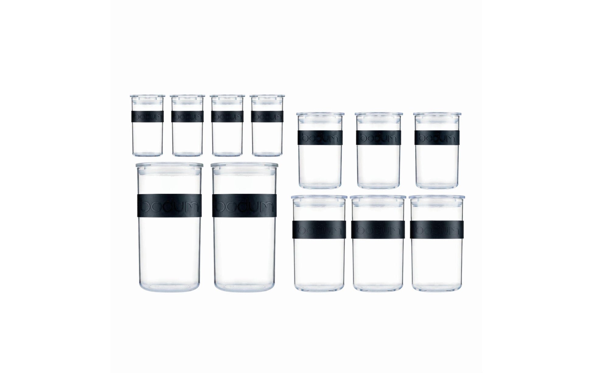Bodum Vorratsglas – Kunststoff, Schwarz, Transparent, Deckel, Stapelbar, Spülmaschinenbeständig, 12 Stück