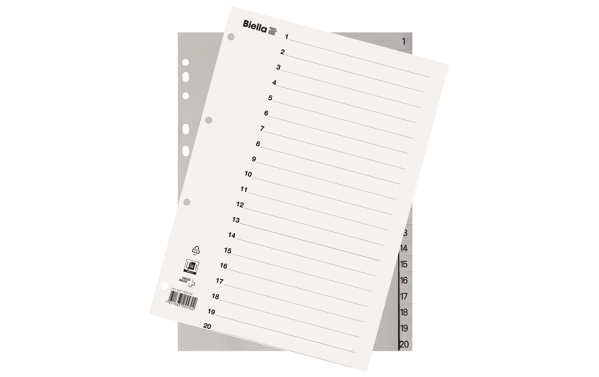 Biella Register A4 – nummeriert 1–20, PP grau, mit Indexblatt