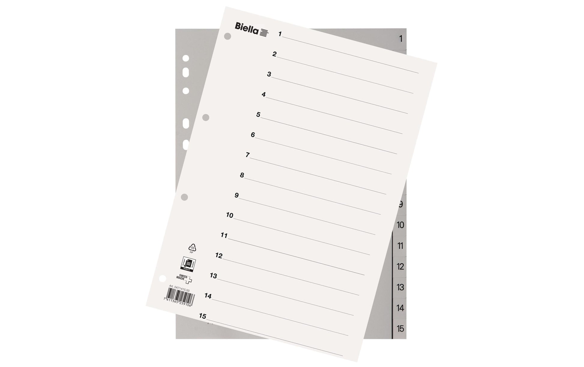 Biella Register A4 – nummeriert 1–15, PP grau, mit Indexblatt