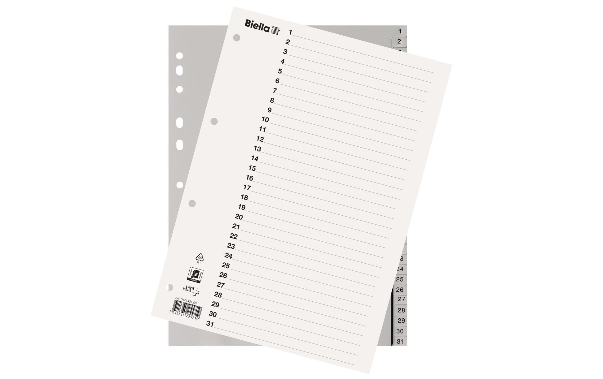 Biella Register A4 – nummeriert 1–31, 31 Taben, graues PP, mit Indexblatt