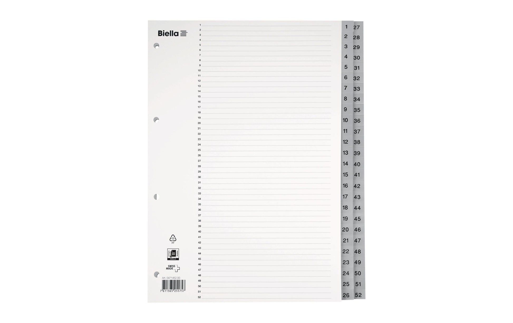 Biella Register A4 hoch – blanko, 52 Taben, PP grau, mit Indexblatt