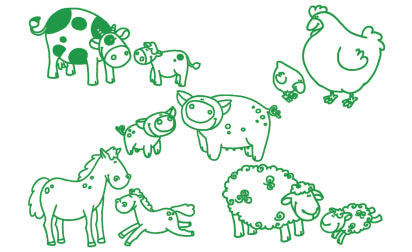 Aladine – Motivstempel-Set – Bauernhof, 10 Motive sortiert, schwarzes Stempelkissen