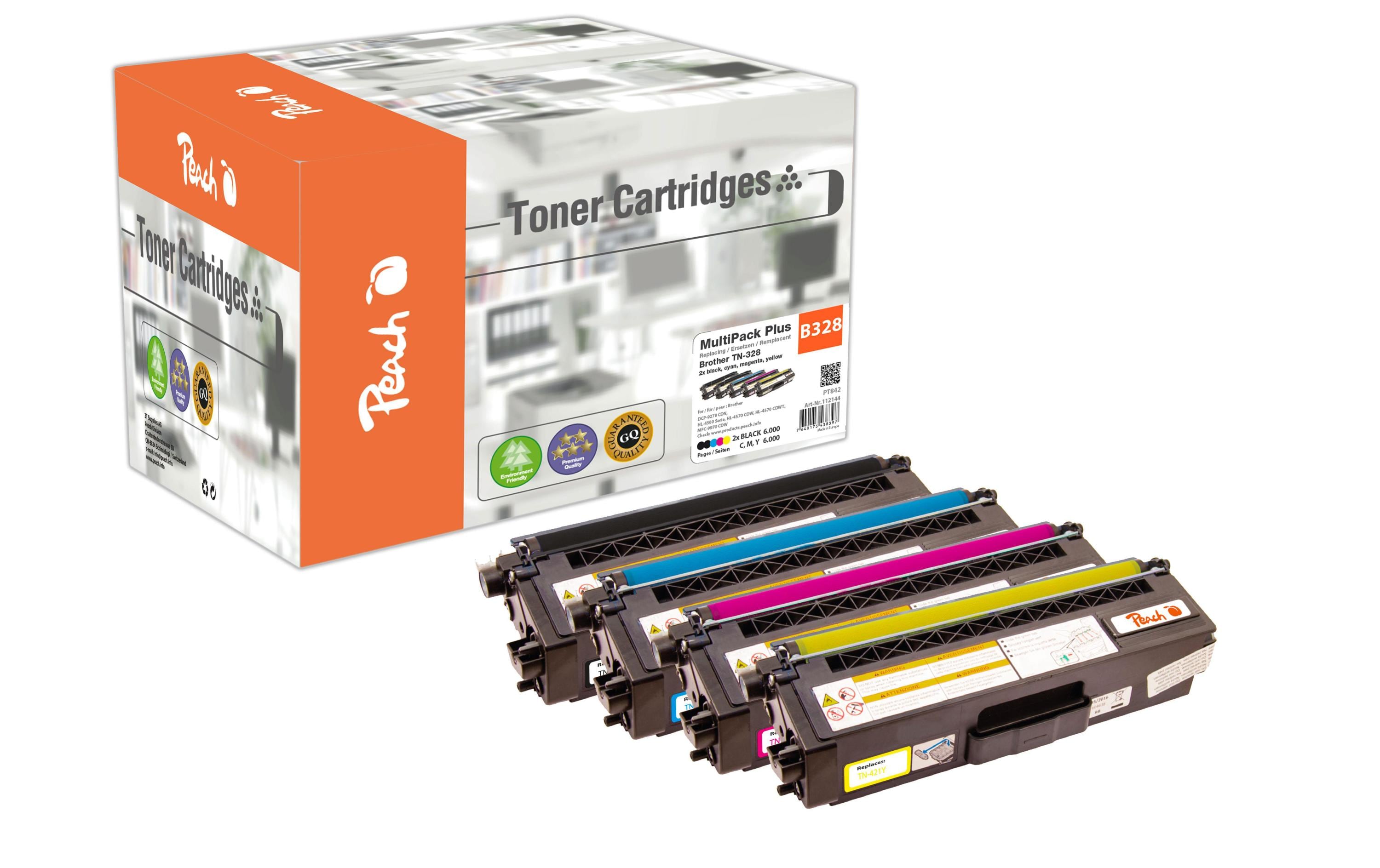Peach Toner-Multipack TN-328 – BK/C/M/Y, 6000 Seiten – für Brother DCP-9270 CDN/HL-4500 Serie/HL-4570 CDW und weitere