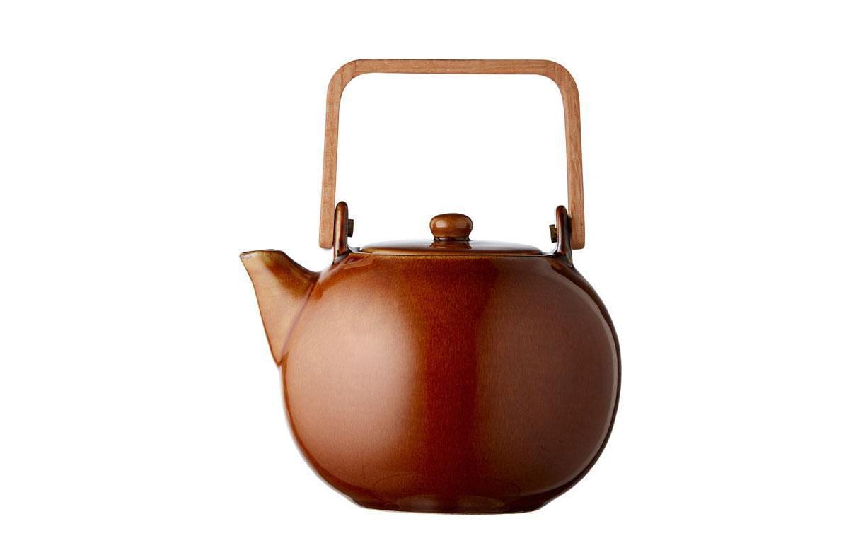 Bitz Teekanne – 1,2 l, Ø 17,5 cm, H 14,0 cm, Steinzeug/Holz, Bernstein, mit abnehmbarem Deckel, mit Teefilter