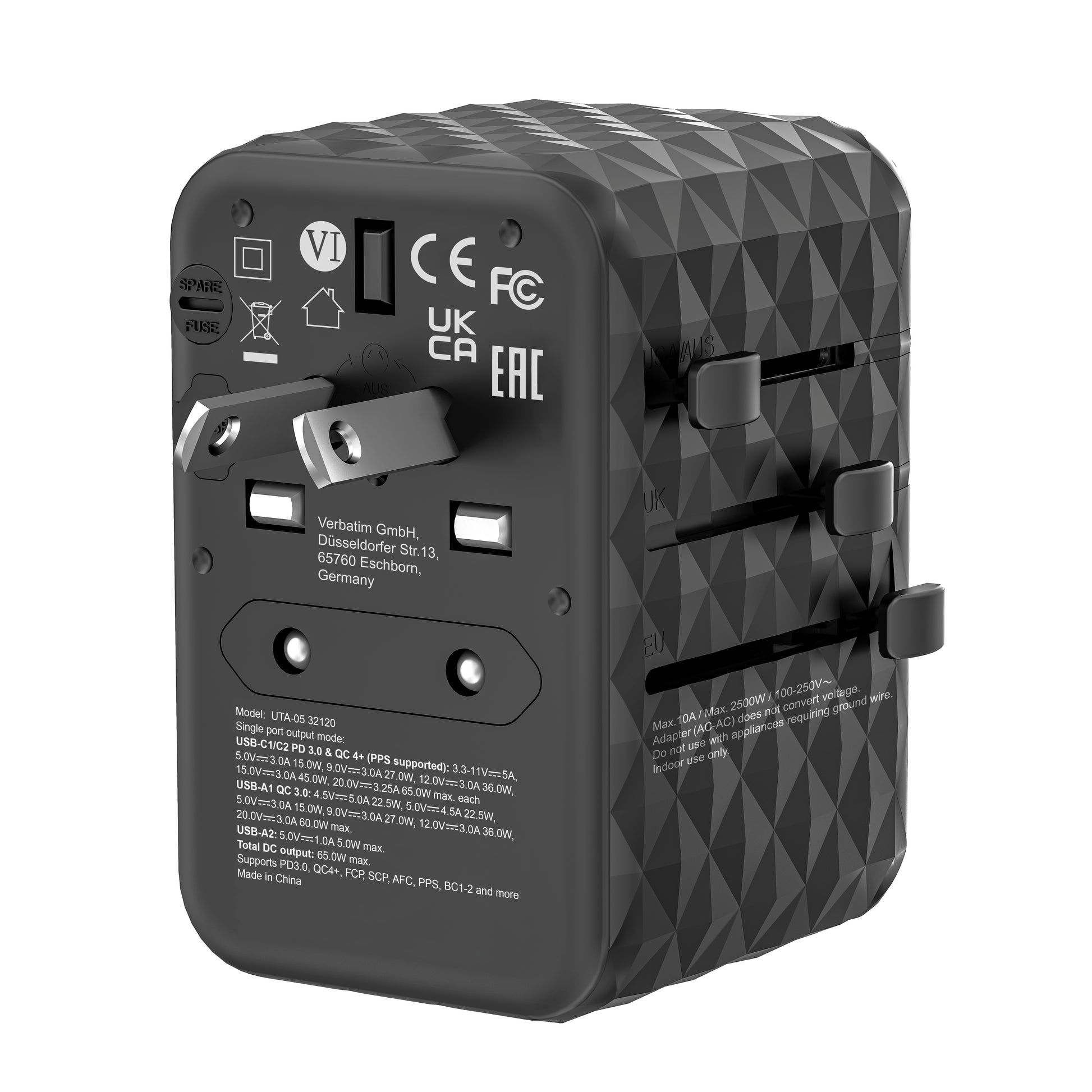 Verbatim Reiseadapter – UTA-05 GaN III Universal, PD 65 W, QC 4+, 2× USB-A, 2× USB-C, Schwarz