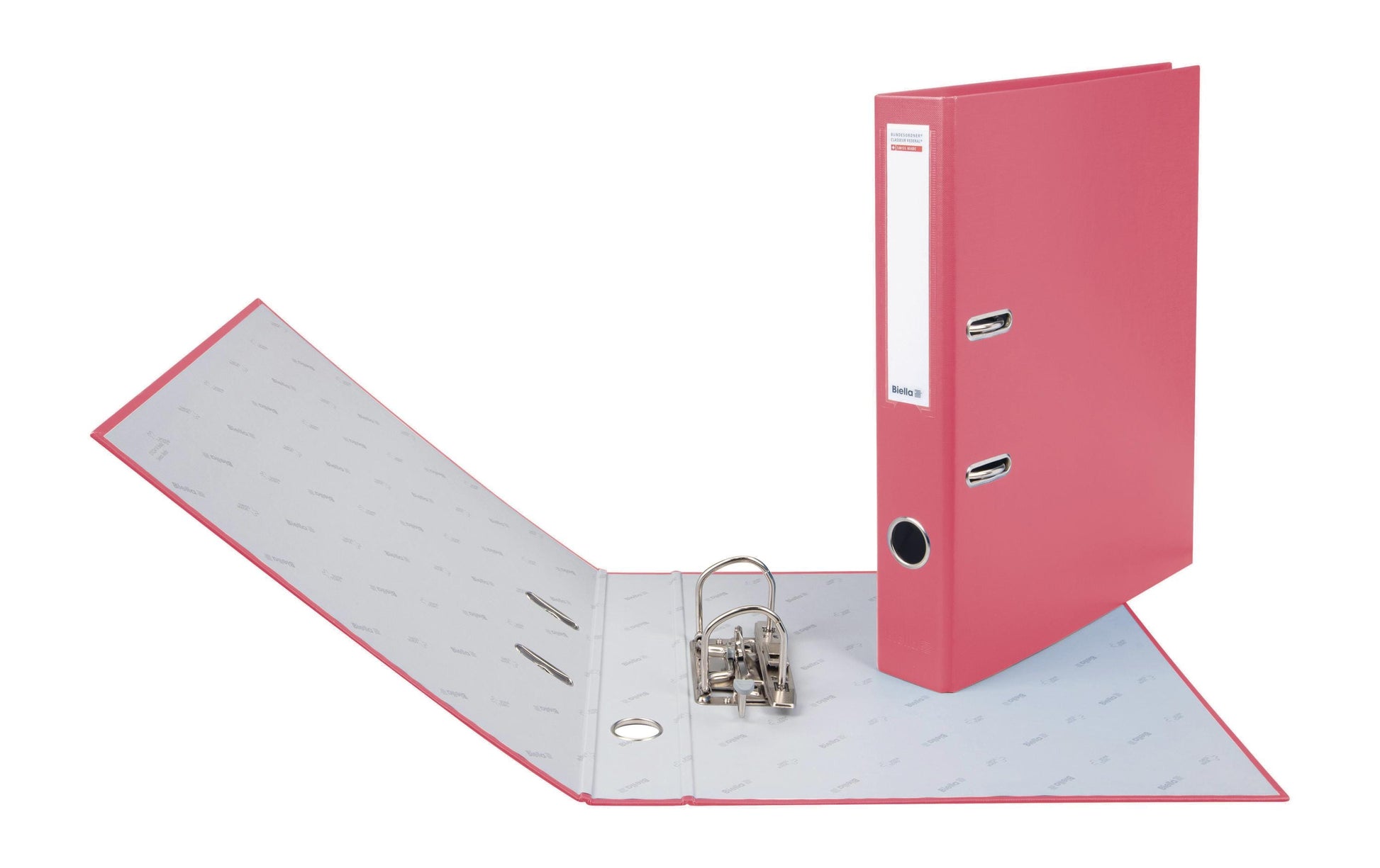 Biella Ordner – A4 hoch – 2-Ring Hebelmechanik, Rücken 40 mm – rosa, mit Griffloch, mit Raumsparösen, FSC