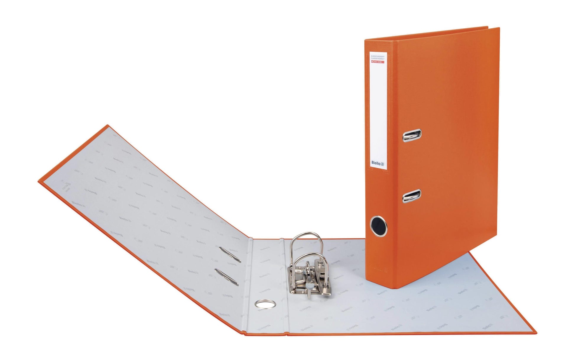 Biella Bundesordner – A4 Hochformat – 2-Ring Hebelmechanik, 40 mm Rücken – Orange, mit Niederhalter, FSC