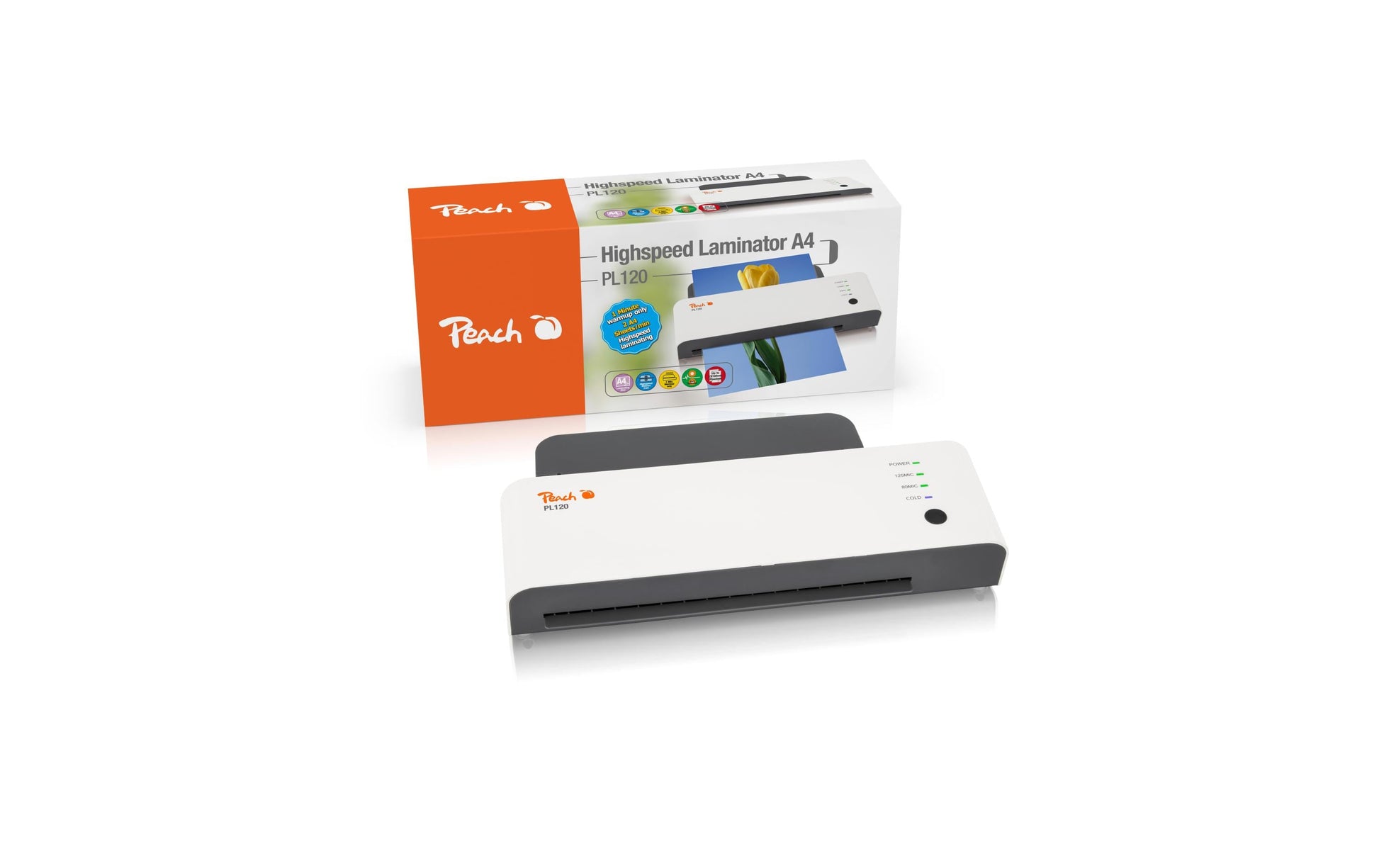 Peach PL120 Laminiergerät A4 – Heisslaminator, bis 125 µm, 2 Rollen, 600 mm/min, weiss