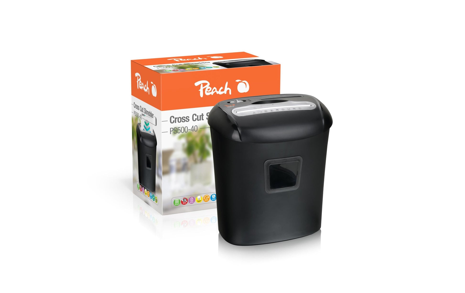 Peach PS500-40 Aktenvernichter – Partikelschnitt, P-4, 5 × 16 mm, 10 Blatt, 21 l, CD/Kreditkarten