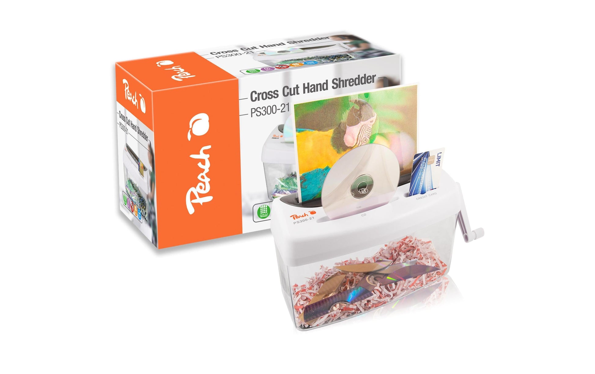 Peach PS300-21 Aktenvernichter – Partikelschnitt, P-4, 3,5 × 40 mm, 1 Blatt, 4 l, CD/Kreditkarten