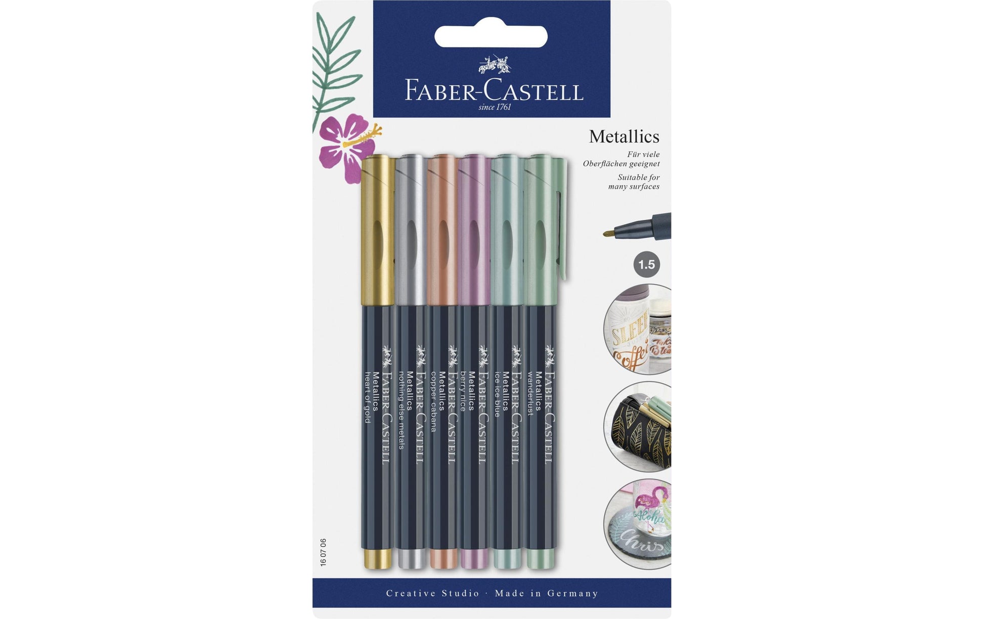 Faber-Castell Non-Permanent-Marker Creative Studio Metallic – Rundspitze 1,5 mm – sortiert – 6er-Set