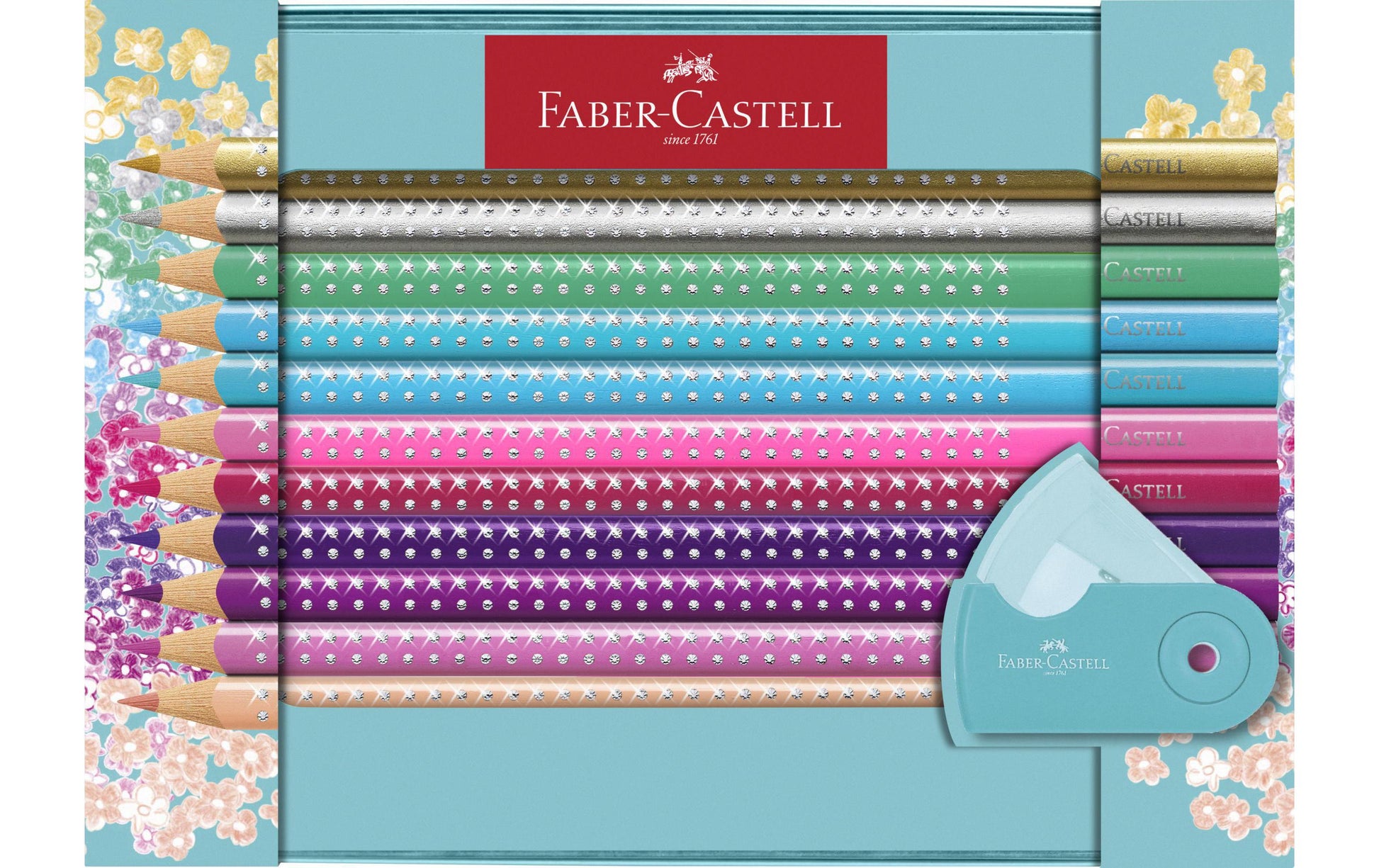 Faber-Castell Aquarellfarbstifte Grip Sparkle – 20 Farben, im Metalletui, mit Spitzer, Ø 3 mm, dreikantig, FSC