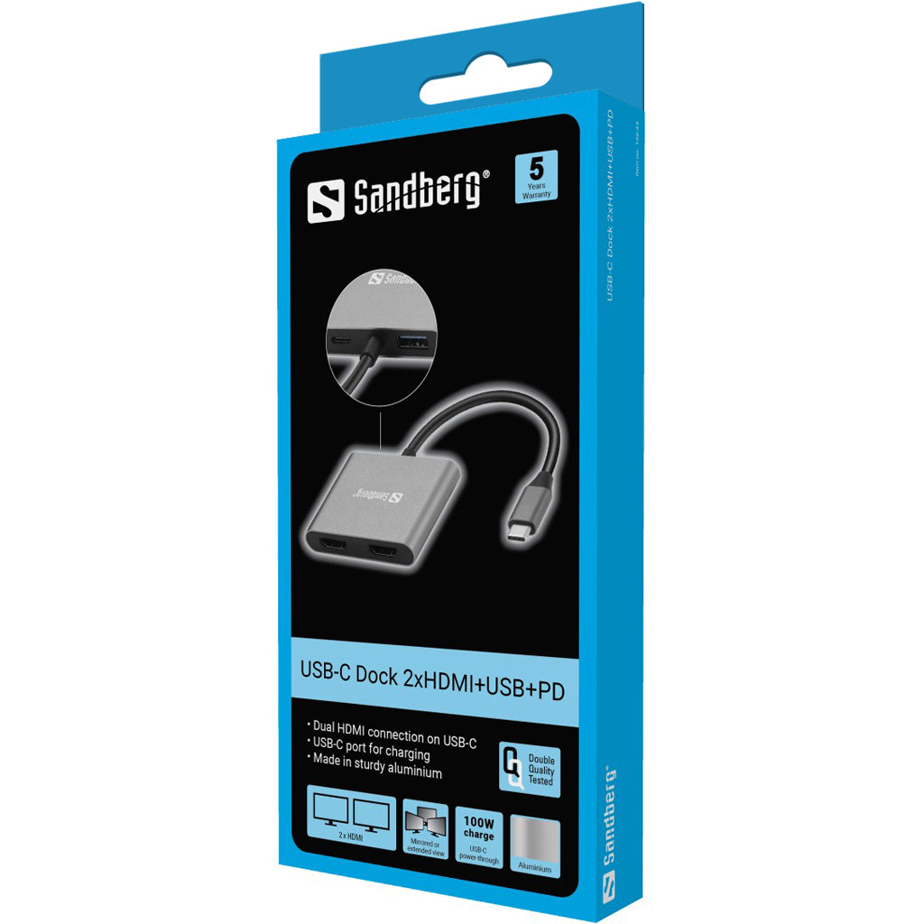 Sandberg 136-44 Dockingstation – USB-C, 2× HDMI, 1× USB-A, für Windows 10/Windows 11