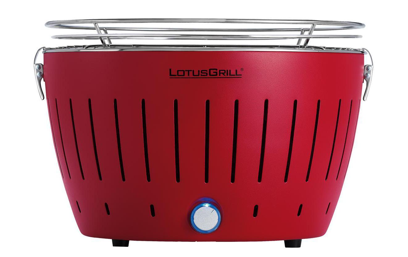 LotusGrill Tischgrill G34 U RD – Ø 32 cm, Holzkohle, USB-Anschluss – Rot
