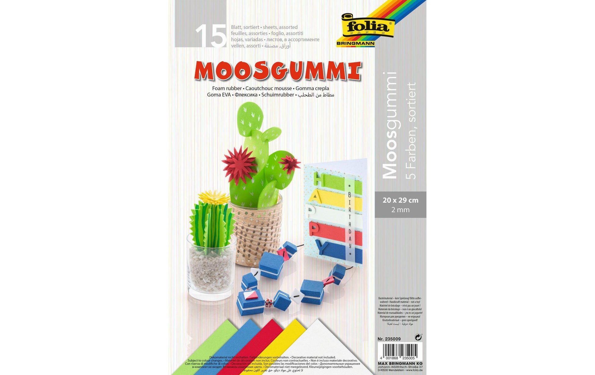 Folia Moosgummi – sortiert – 200 × 290 mm, 15 Bogen, 2 mm