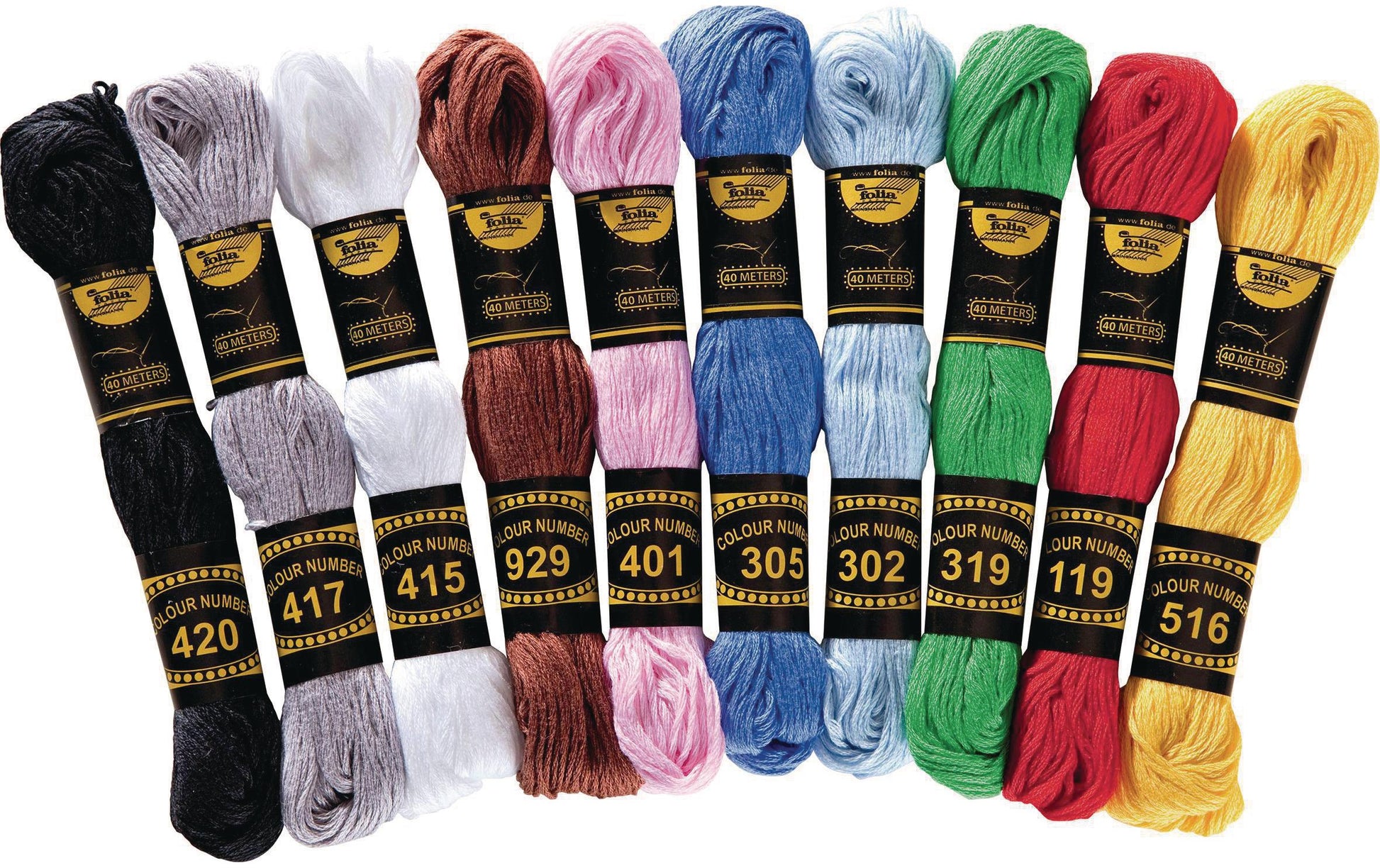 Folia Stickgarn-Set – Baumwolle, mercerisiert, 40 m, sortiert, 1 × 10 Farben – für Sticken