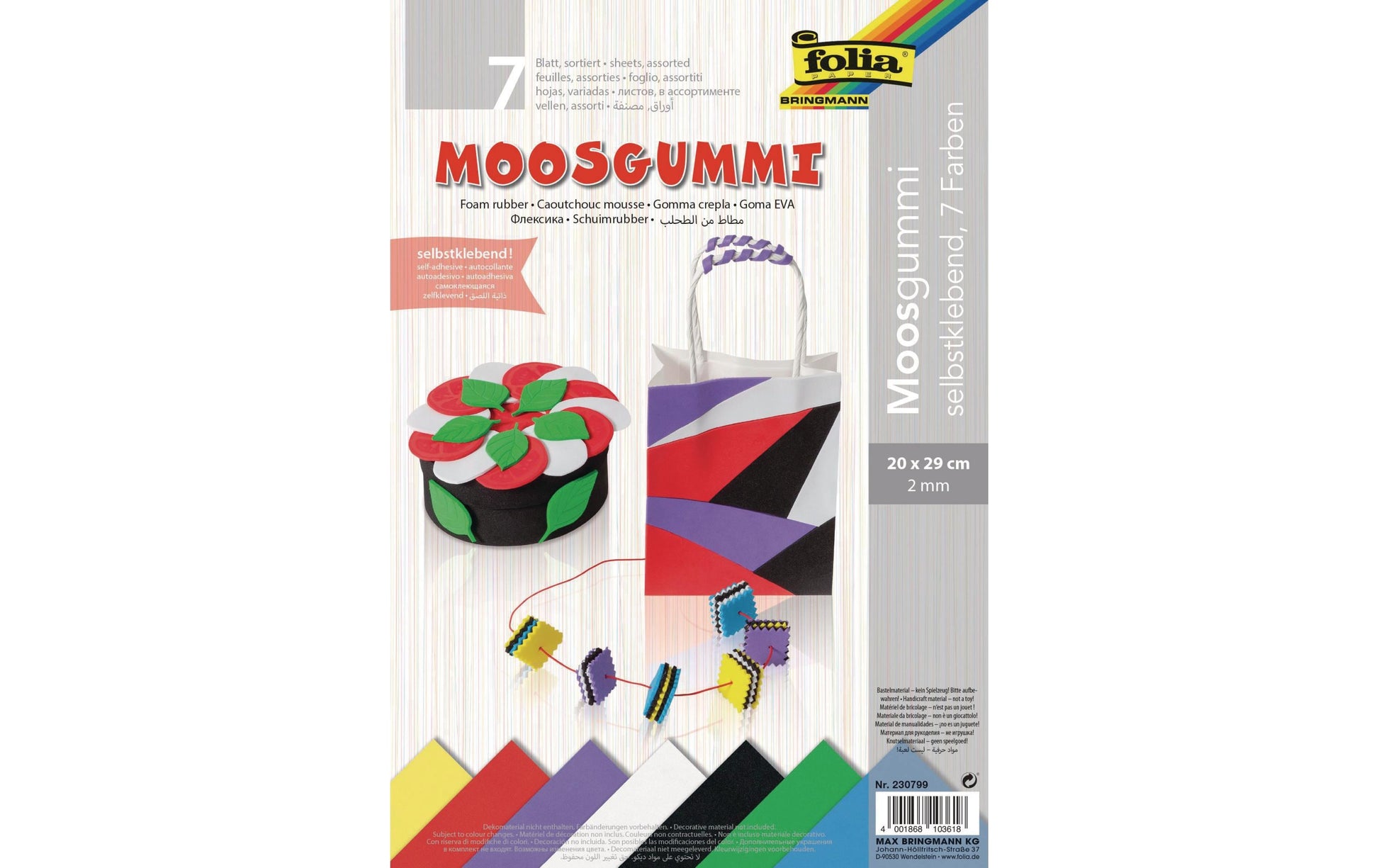 Folia Selbstklebender Moosgummi – sortiert – 200 × 290 mm, 7 Bögen, 2 mm