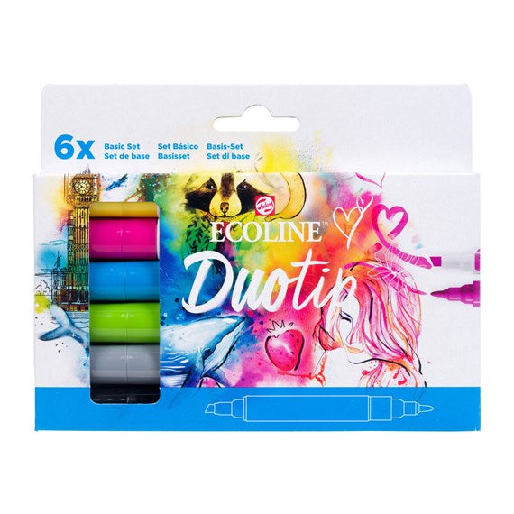 Talens Ecoline Duotip Filzstifte, Doppelspitze – wasservermalbar, 6 Farben