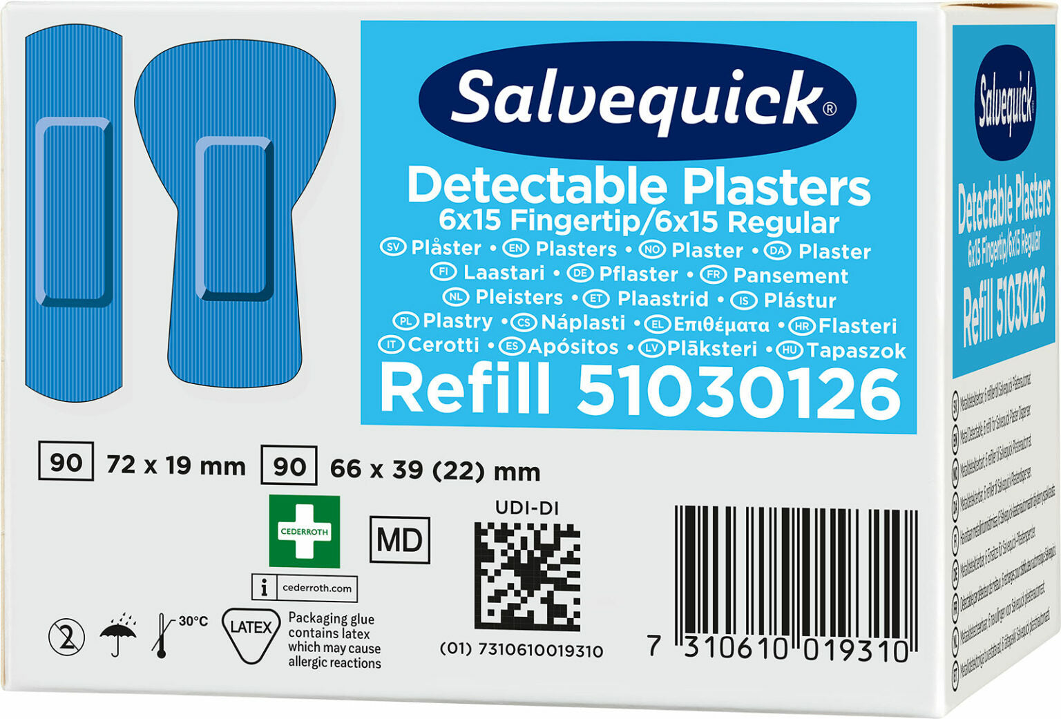 Cederroth Salvequick Fingerkuppen-Pflaster Nachfüllpackung – detektierbar – sortiert – 6 × 30 Stk.