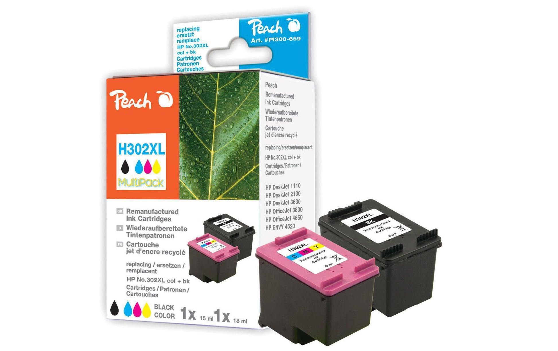 Peach 302XL Tintenpatronen-Multipack, Schwarz/Dreifarbig (Kompatibel) – für HP DeskJet 2130, Envy 4520…