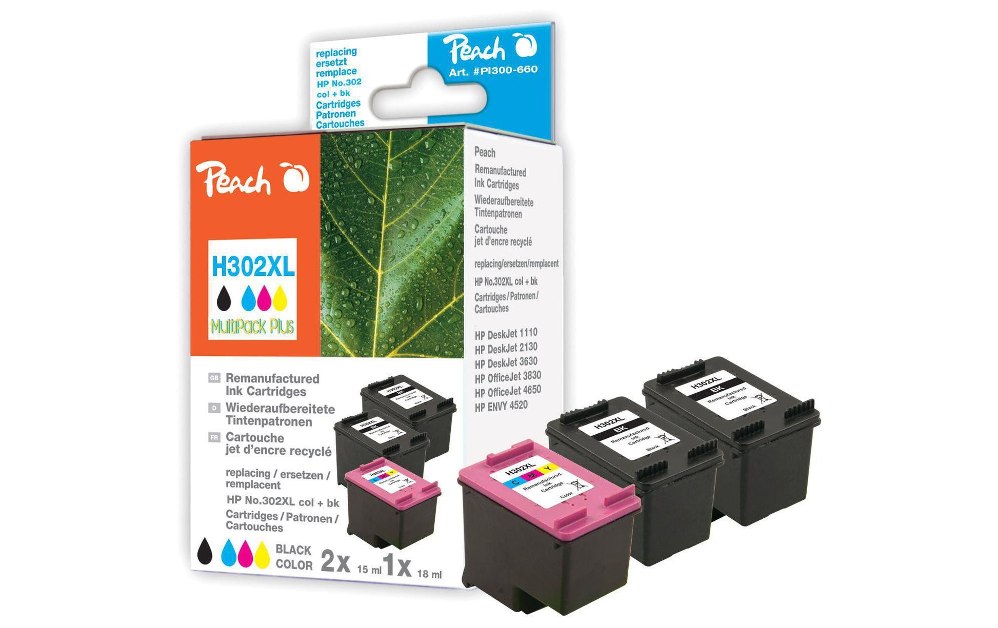 Peach 302XL Tintenpatronen-Multipack, Schwarz/Cyan/Magenta/Gelb (Kompatibel) – für HP DeskJet, Envy, OfficeJet