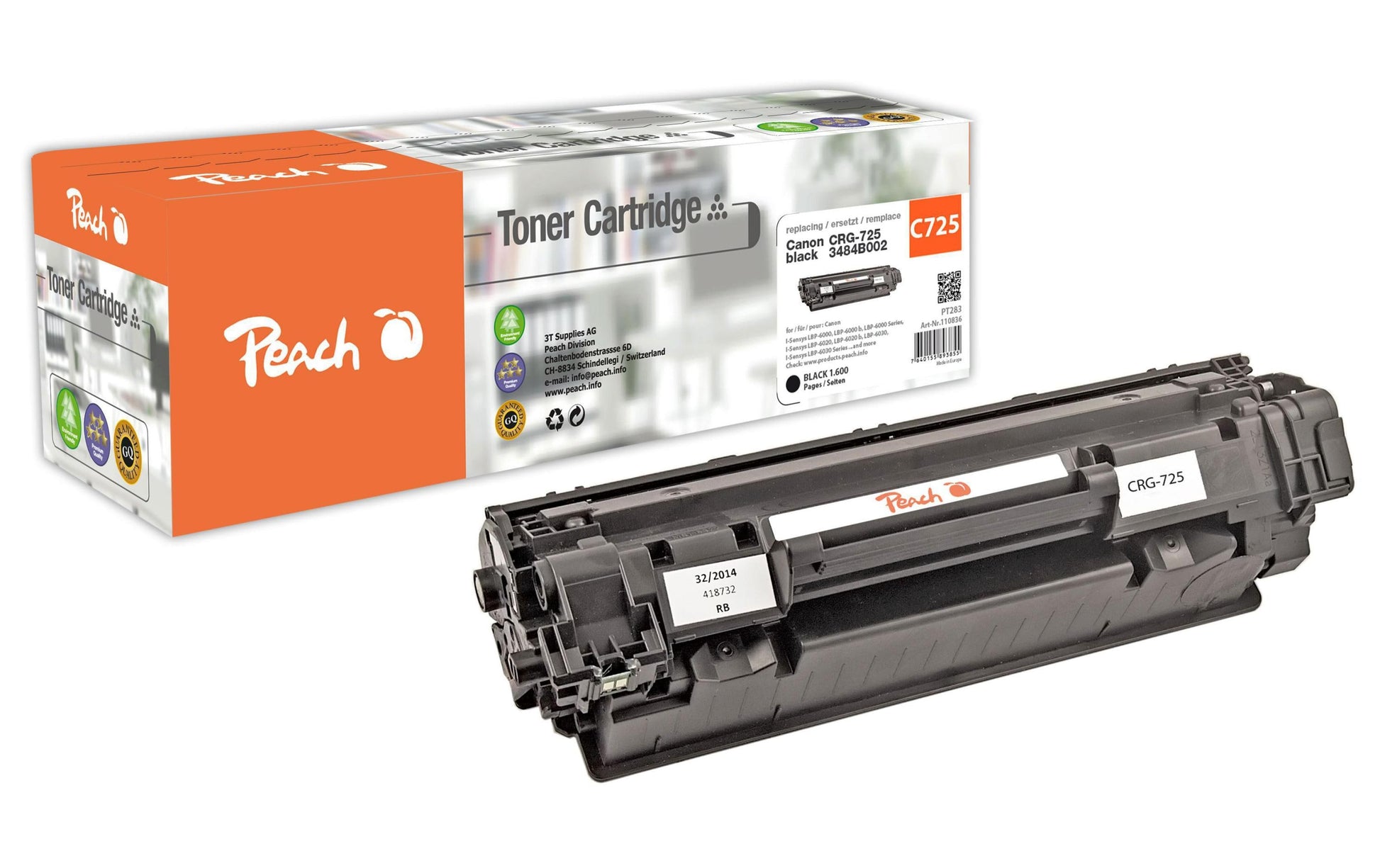 Peach PT283 (CRG-725) Schwarz Toner – kompatibel – 1'600 Seiten – für Canon i-SENSYS LBP6000/LBP6020/LBP6030