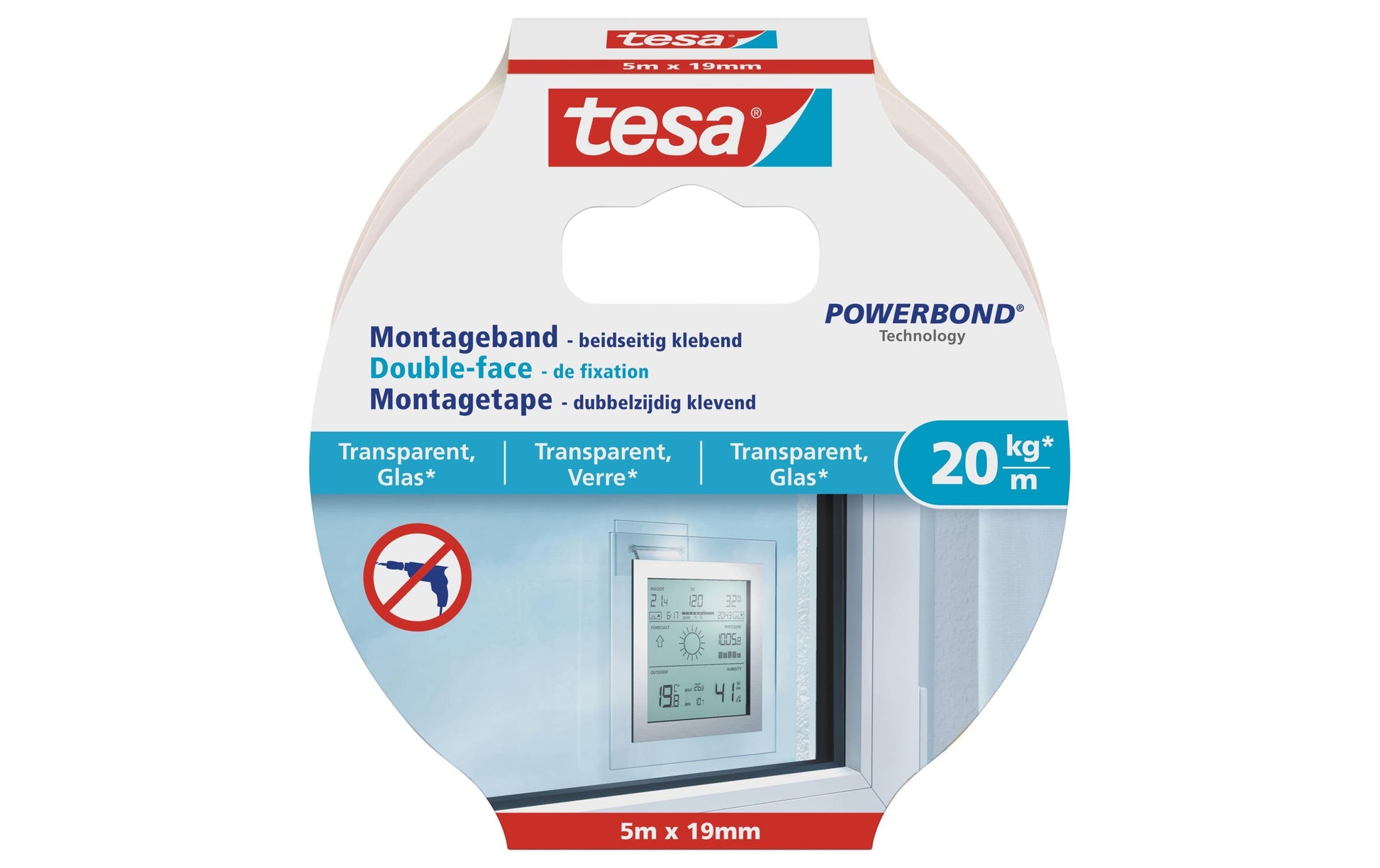 TESA Montageband – 19 mm × 5 m, transparent, für Glas/Acryl, Innen