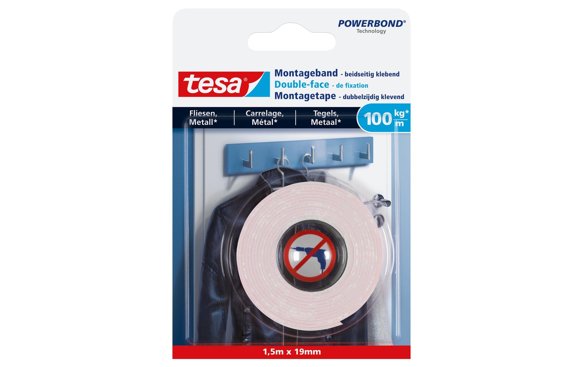 TESA Montageband 013 019 mm 7D 02A 1,5 m, weiss, f5Cr Glas/Metall/Kunststoff, Innen