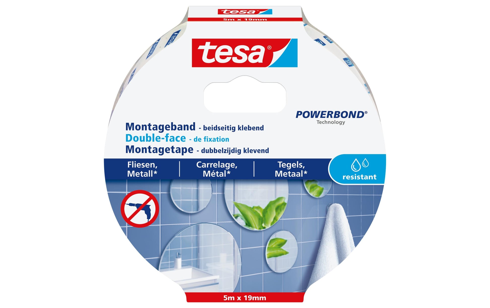 TESA Montageband feuchtraumbeständig – 19 mm × 5 m, weiss, für Metall/Keramik, Innen