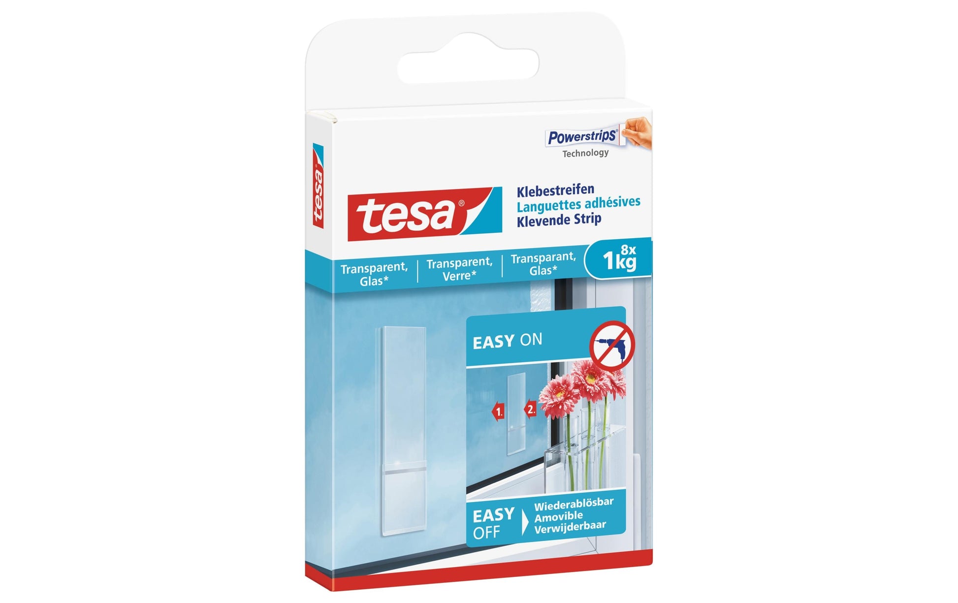 TESA Montagestreifen – transparent, bis 1 kg, 8 Stk., für Glas/Kunststoff, Innen