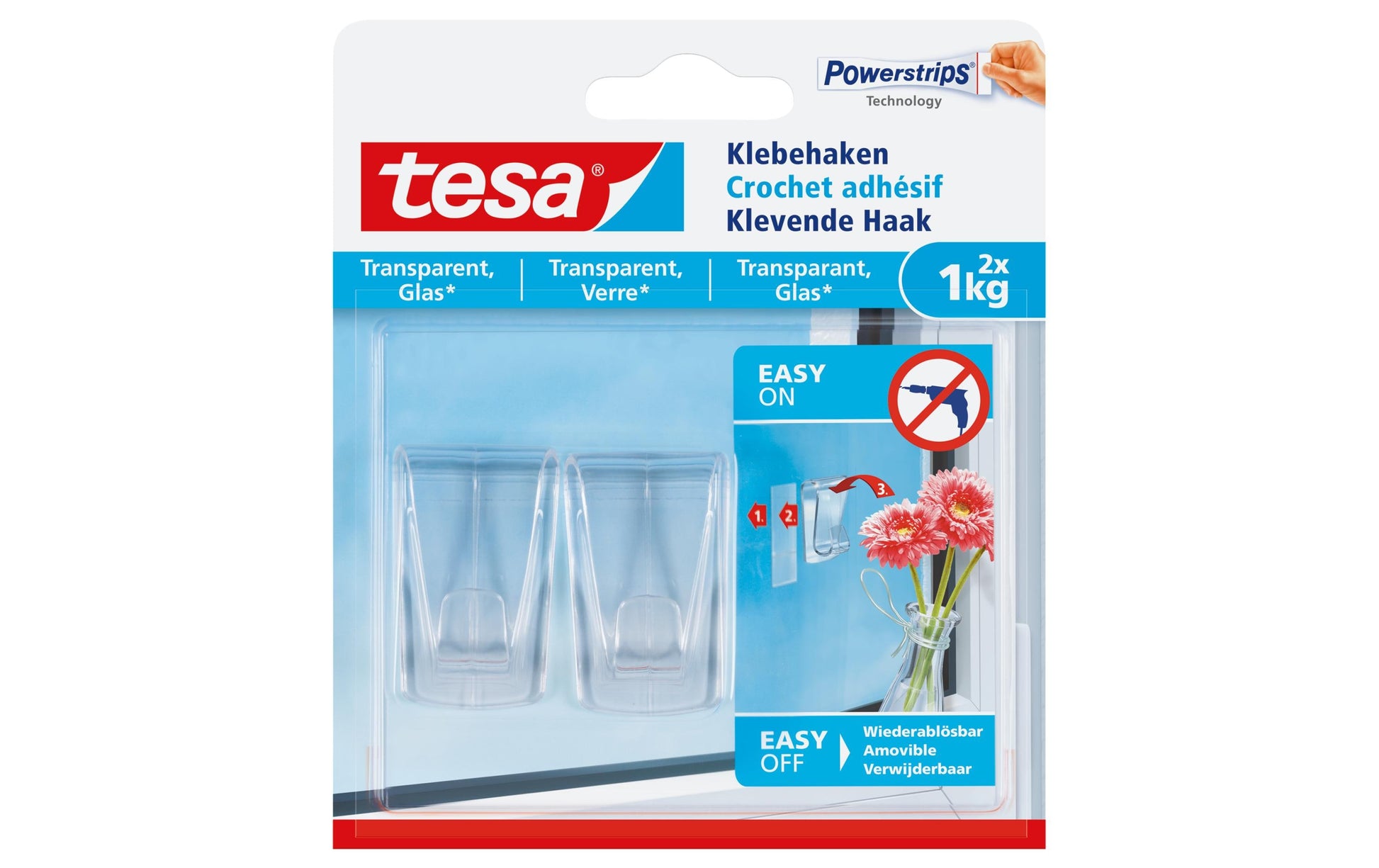 TESA Klebehaken – Polystyrol, 1 kg, für Glas, Klebestreifen, Transparent, 2er-Set