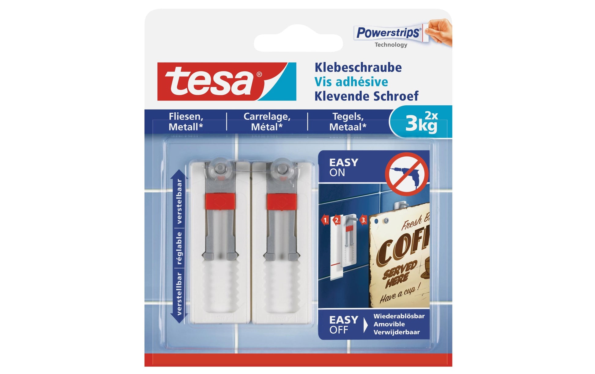 TESA Klebehaken – 3 kg, Klebestreifen für Fliesen und Metall, Weiss, 2er-Set