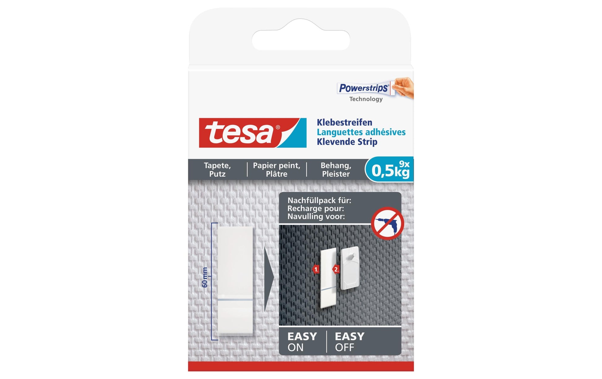 TESA Powerstrips Klebestreifen – weiss, doppelseitig, wiederablösbar, für Tapete und Putz, 9 Stück
