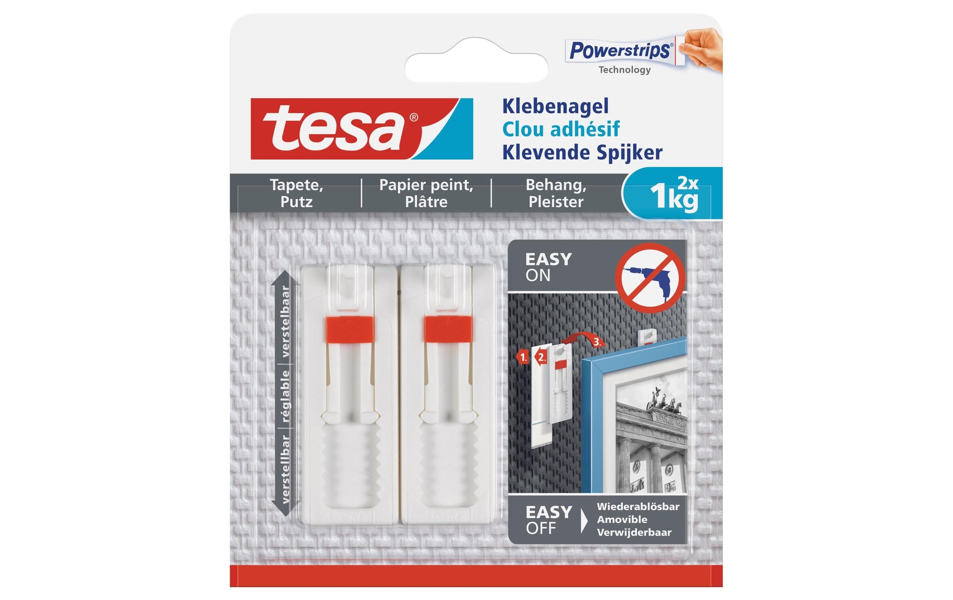 TESA Klebenagel Universalhaken wiederablösbar – 1 kg, 2 Stk., für Tapeten, Putz