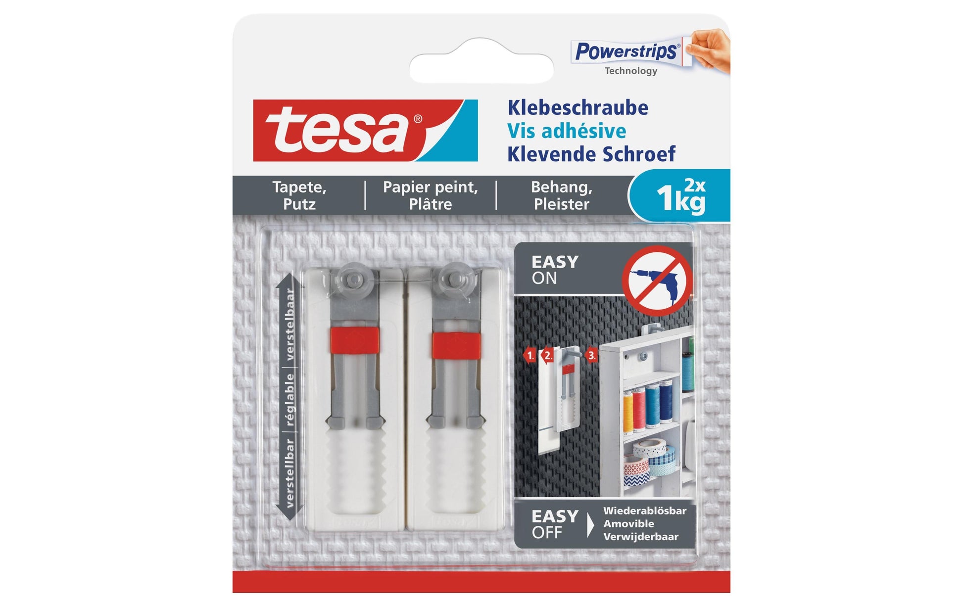 TESA Klebeschraube für Putz – 120 × 141 × 24 mm, grau, rot, weiss, bis 1 kg, 2 Stk.