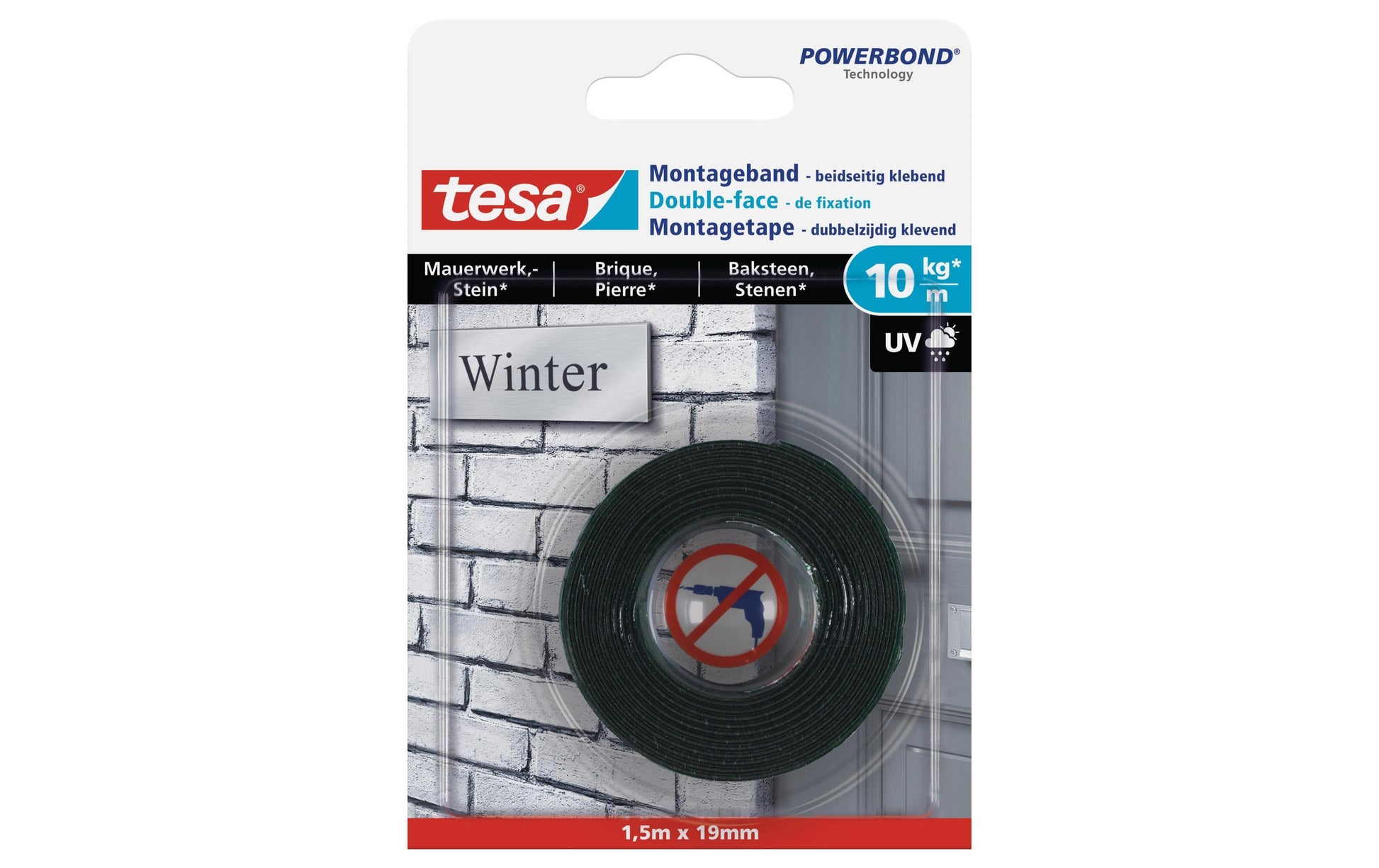 TESA Montageband – 19 mm × 1,5 m, schwarz, für Mauerwerk/Stein, innen, 1 Stk.