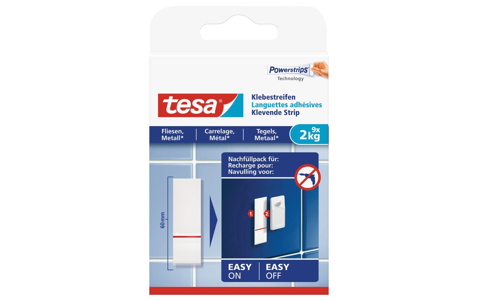 Tesa Montageband Powerstrips, für Innen, für Fliesen/Metall – Weiss, bis 2 kg